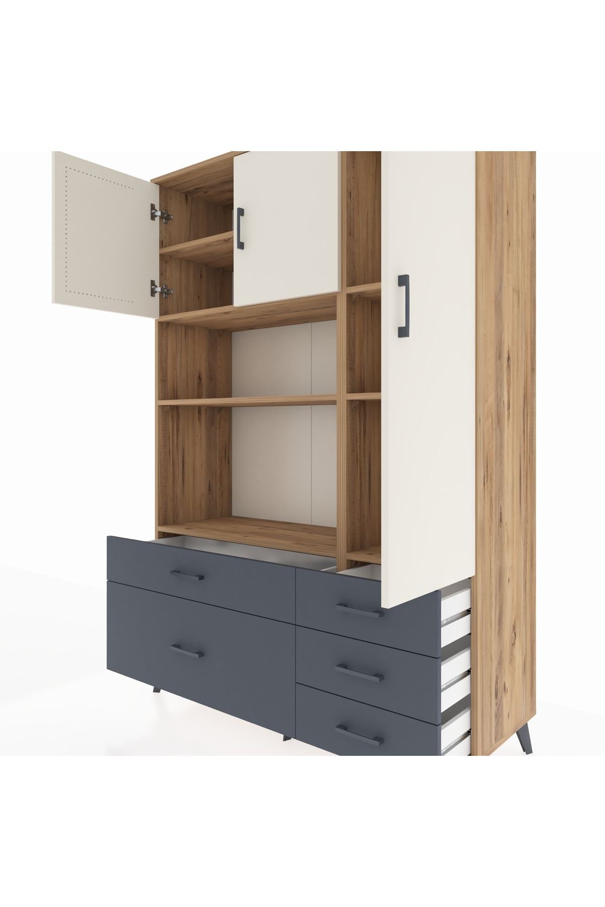 Hyperion Dolap 7 Raflı 5 Çekmeceli 3 Kapaklı 132x44x195 Çam-Aytaşı/Antrasit