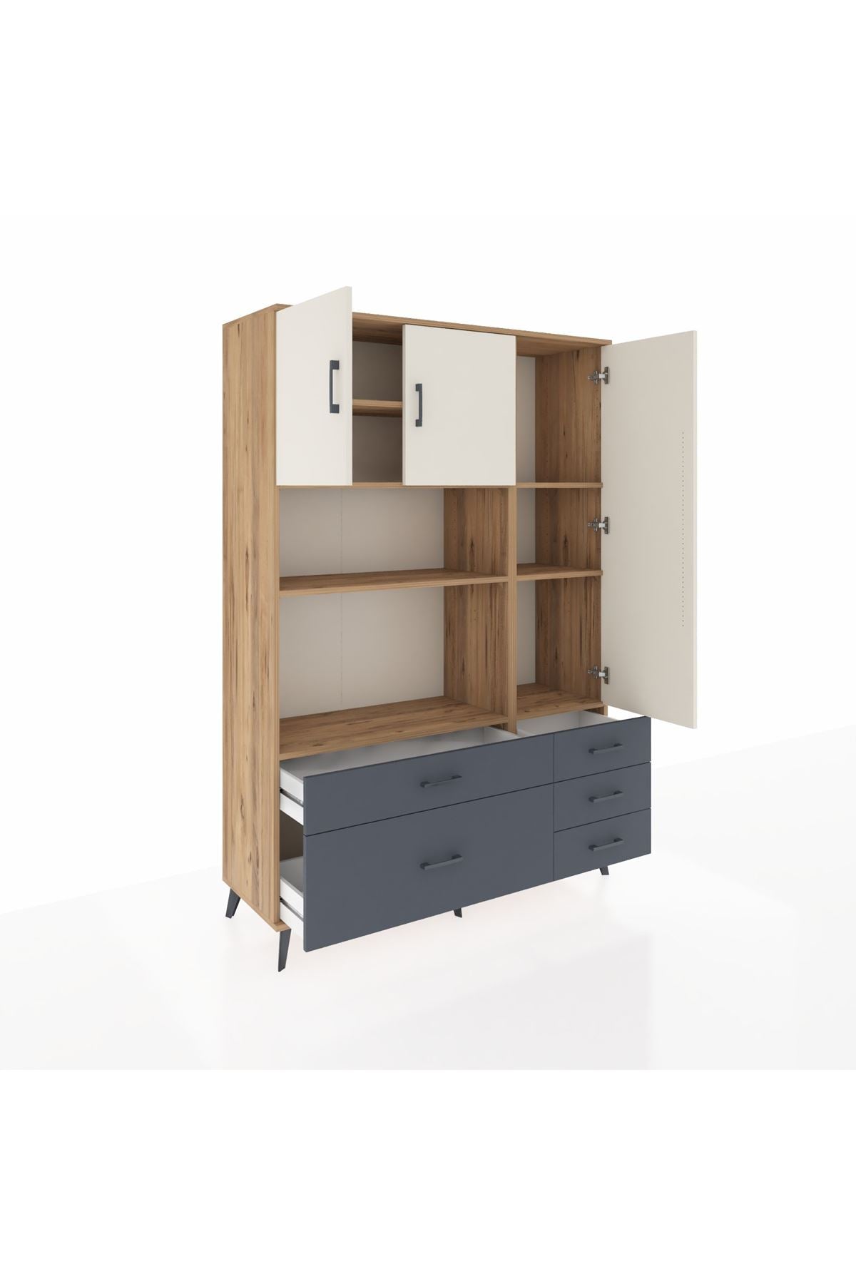 Hyperion Dolap 7 Raflı 5 Çekmeceli 3 Kapaklı 132x44x195 Çam-Aytaşı/Antrasit