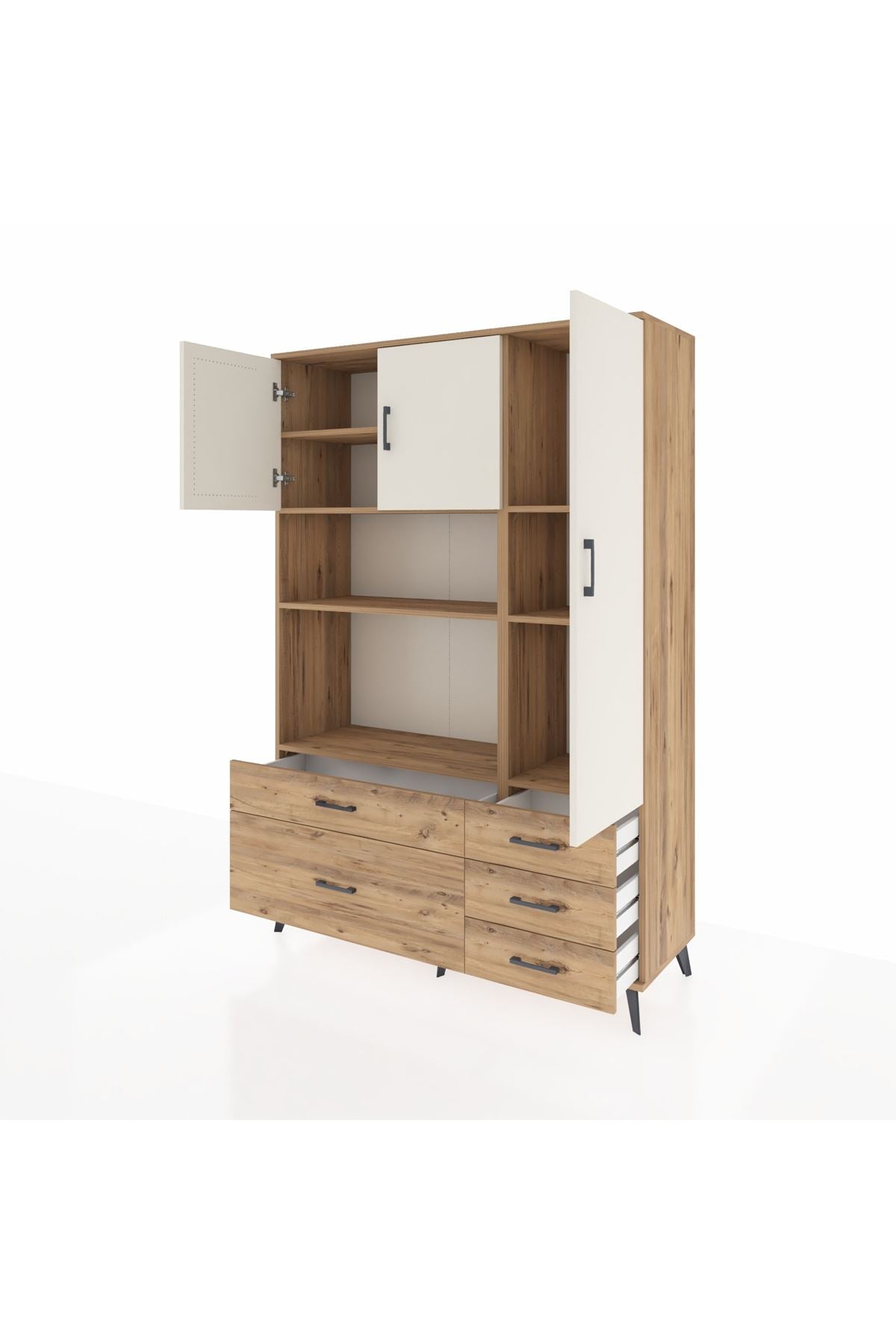 Hyperion Dolap 7 Raflı 5 Çekmeceli 3 Kapaklı 132x44x195 Çam-Aytaşı/Çam