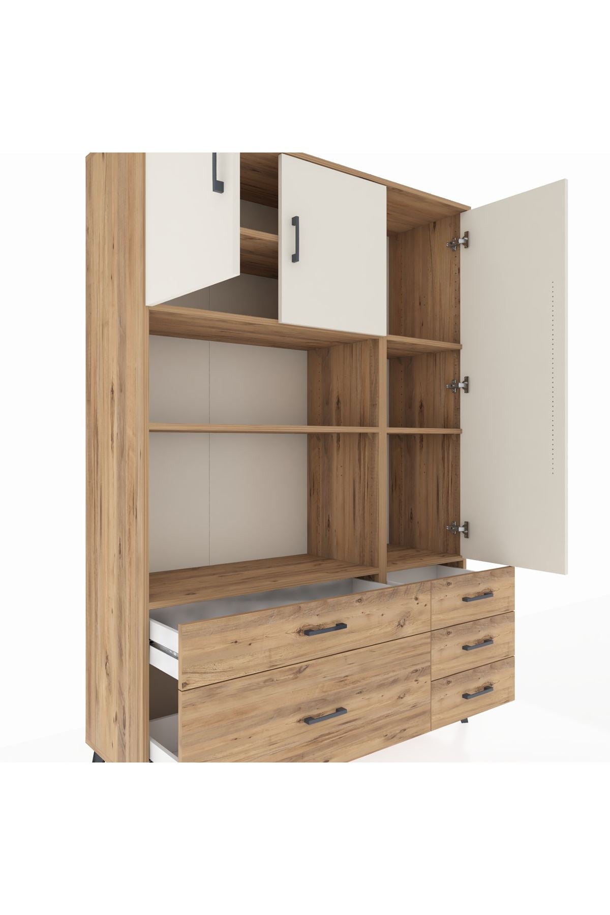 Hyperion Dolap 7 Raflı 5 Çekmeceli 3 Kapaklı 132x44x195 Çam-Aytaşı/Çam
