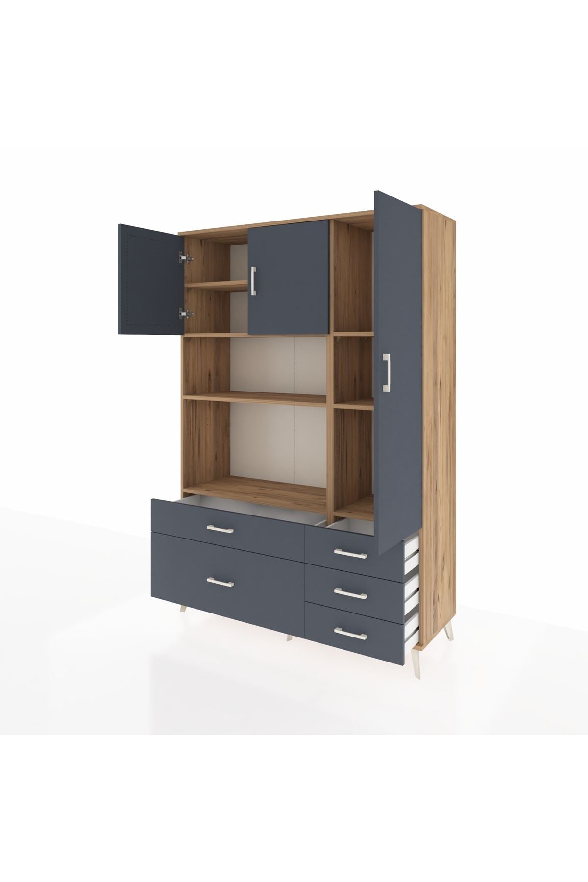 Hyperion Dolap 7 Raflı 5 Çekmeceli 3 Kapaklı 132x44x195 Çam-Antrasit/Antrasit