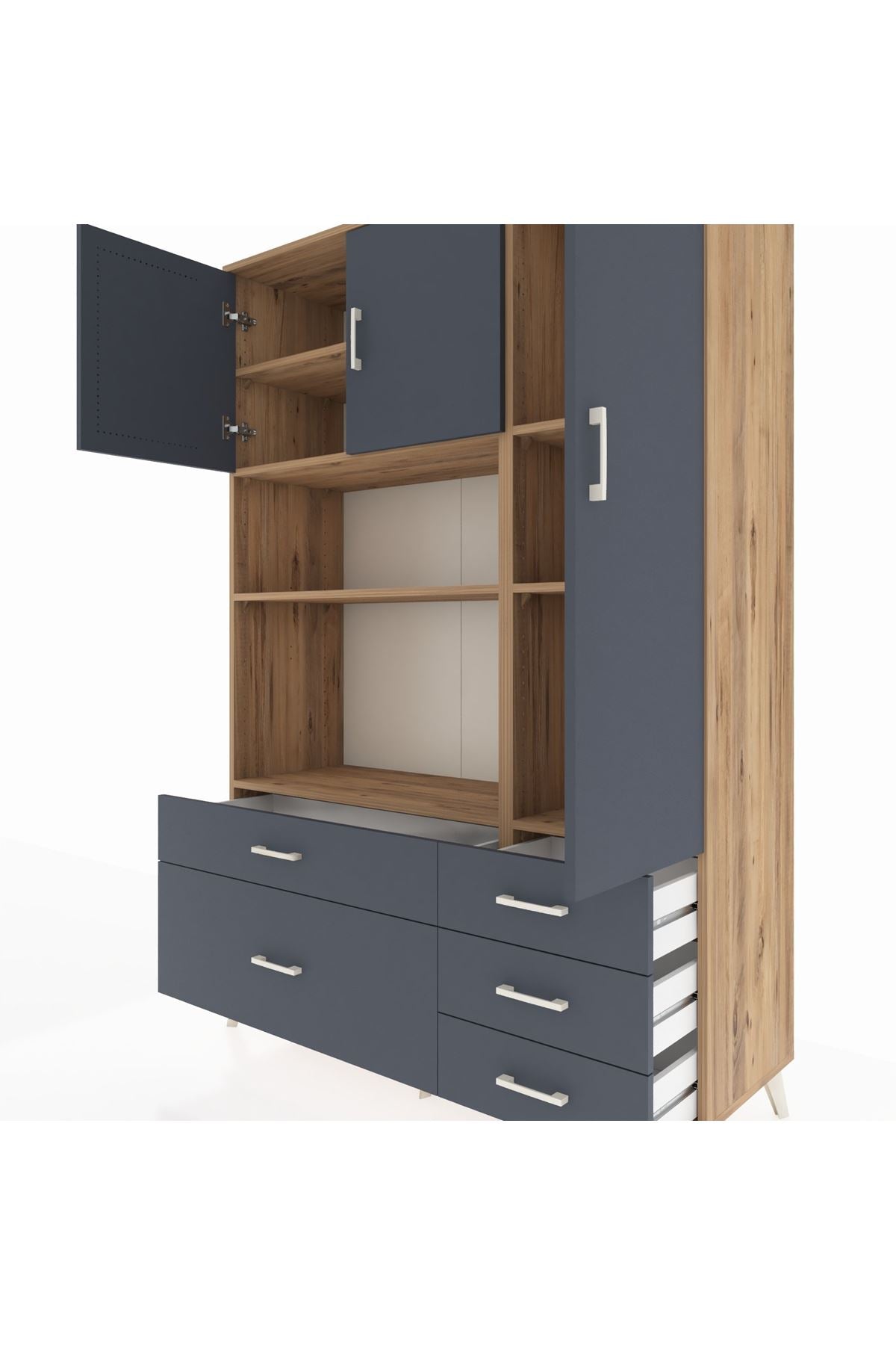 Hyperion Dolap 7 Raflı 5 Çekmeceli 3 Kapaklı 132x44x195 Çam-Antrasit/Antrasit