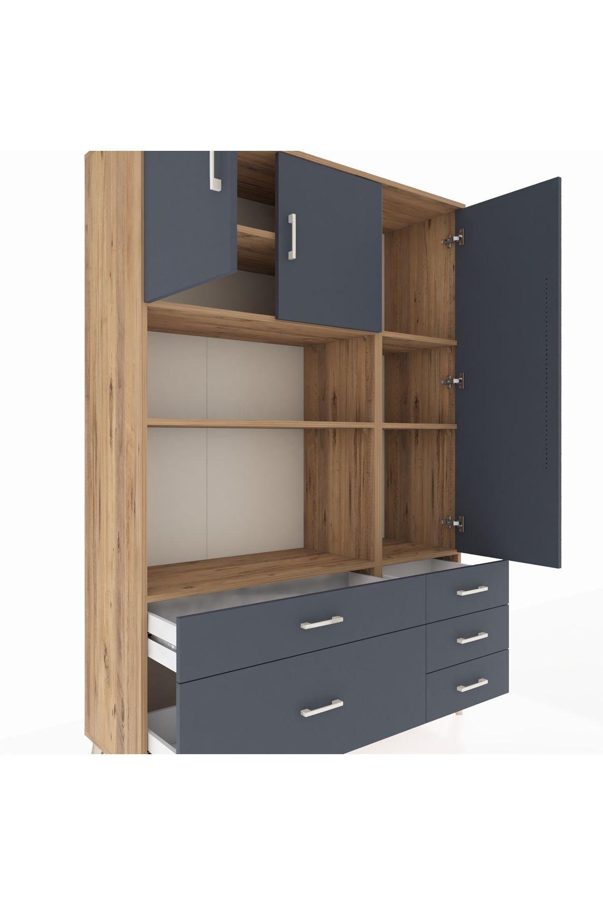 Hyperion Dolap 7 Raflı 5 Çekmeceli 3 Kapaklı 132x44x195 Çam-Antrasit/Antrasit