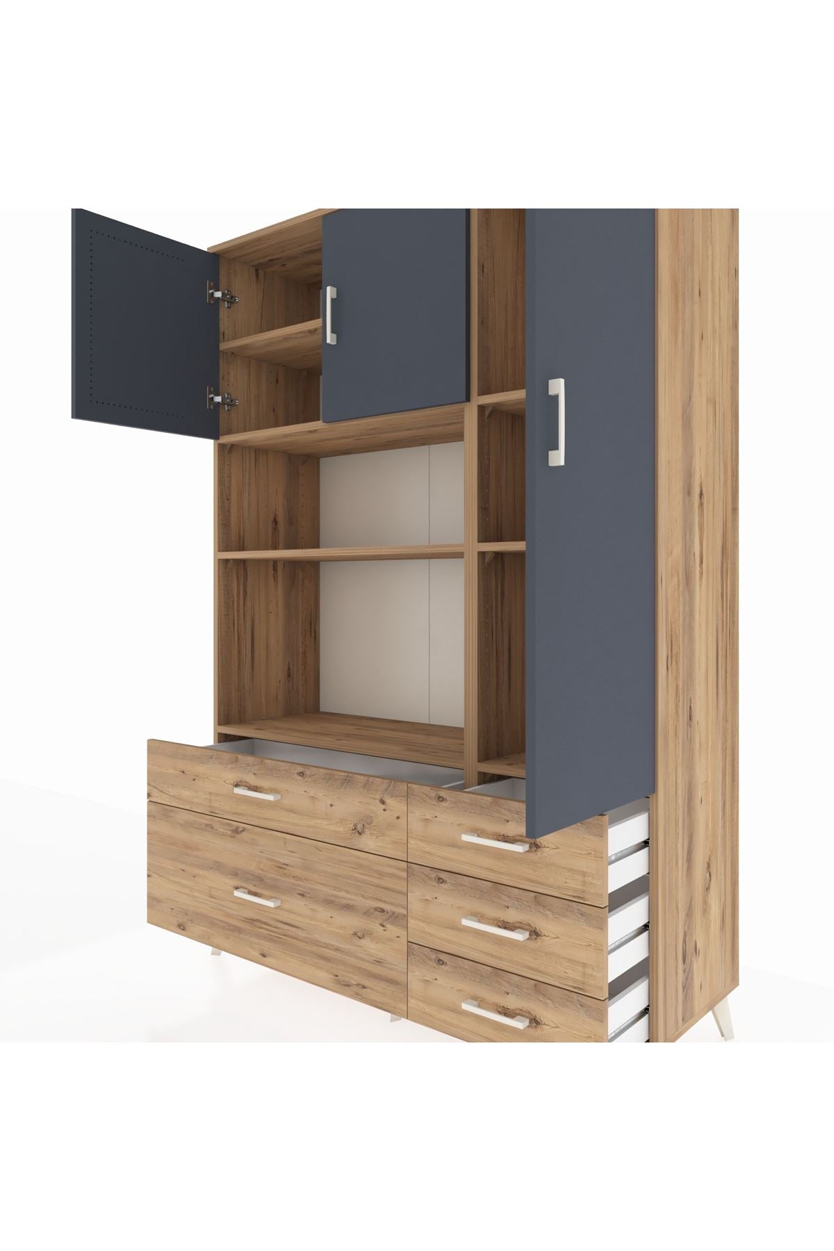 Hyperion Dolap 7 Raflı 5 Çekmeceli 3 Kapaklı 132x44x195 Çam-Antrasit/Çam