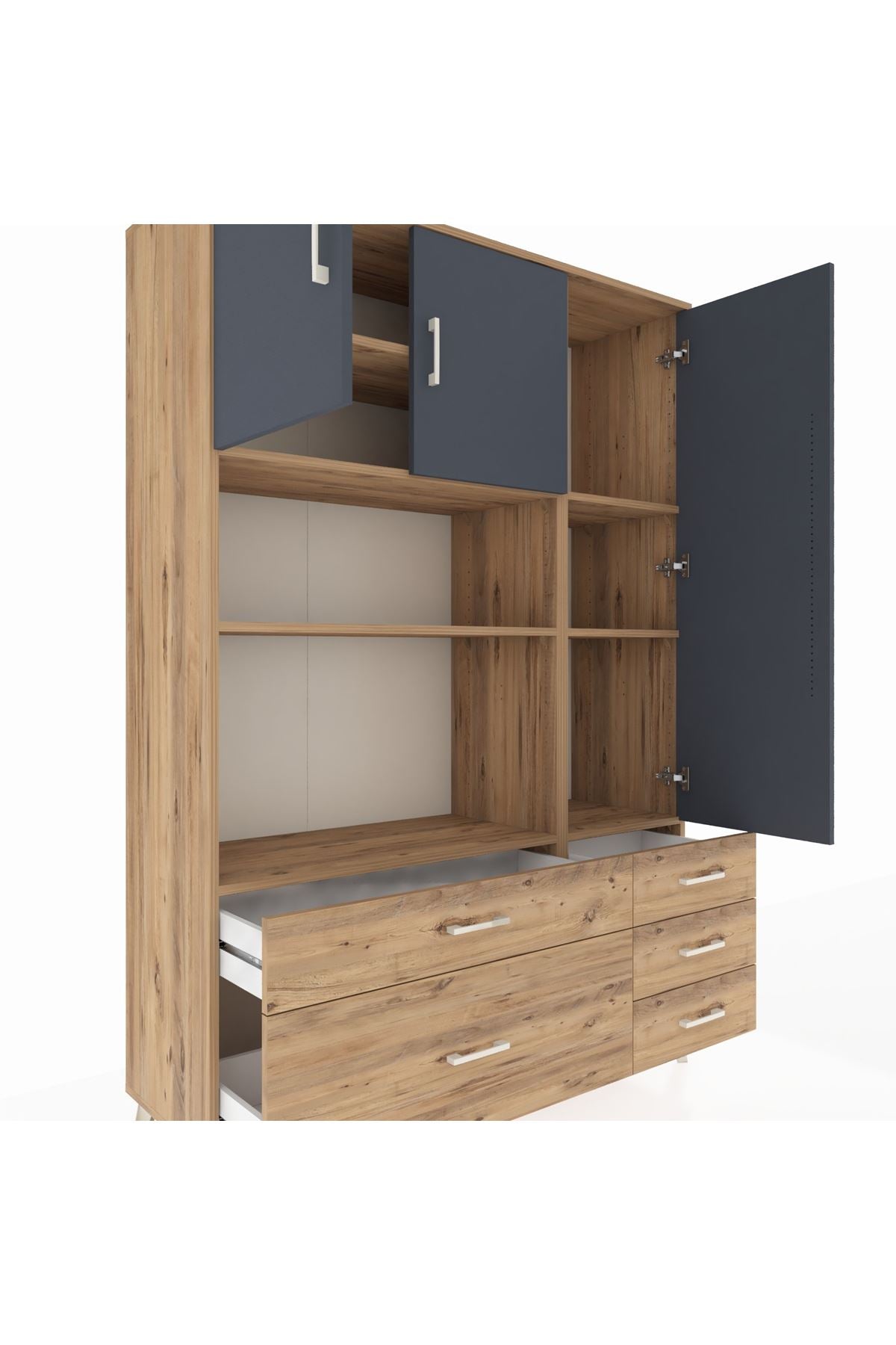 Hyperion Dolap 7 Raflı 5 Çekmeceli 3 Kapaklı 132x44x195 Çam-Antrasit/Çam