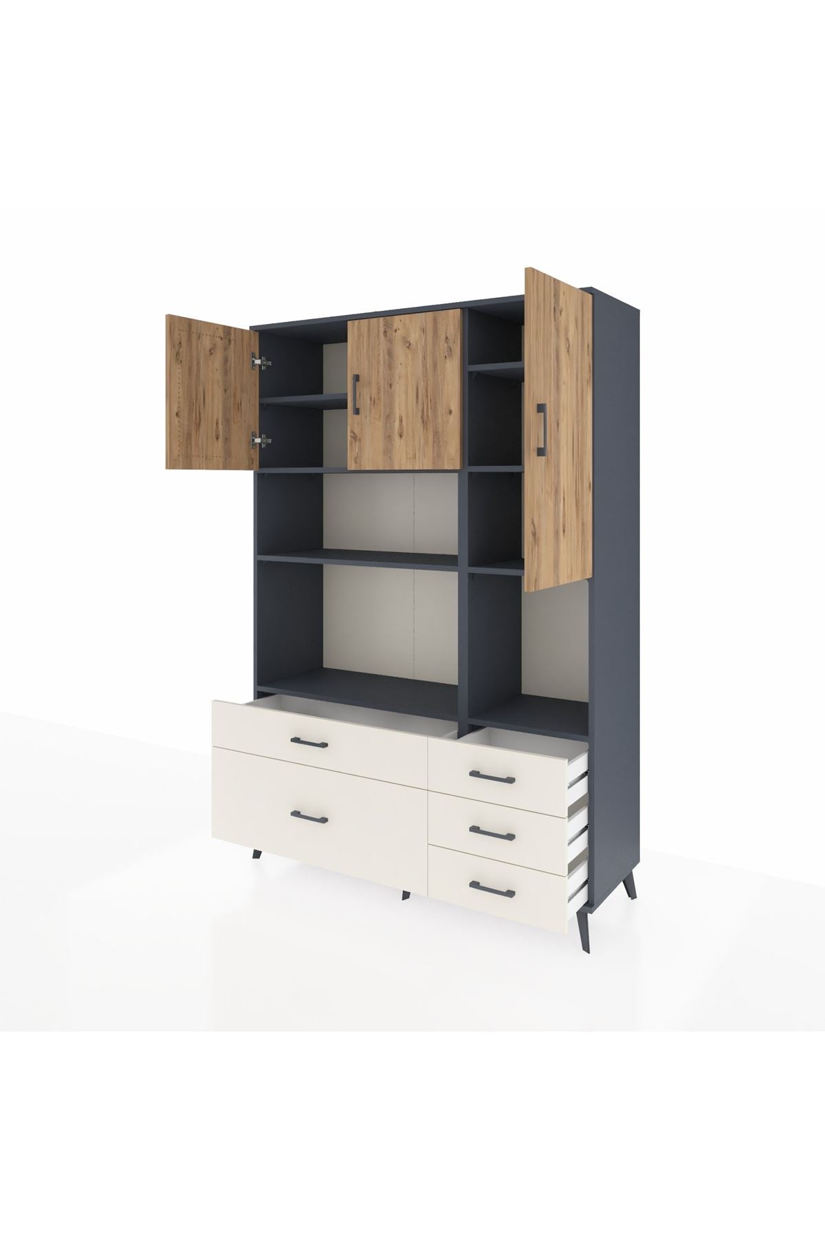 Hyperion Dolap 8 Raflı 5 Çekmeceli 3 Kapaklı 132x44x195 Antrasit-Çam/Aytaşı