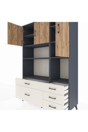 Hyperion Dolap 8 Raflı 5 Çekmeceli 3 Kapaklı 132x44x195 Antrasit-Çam/Aytaşı