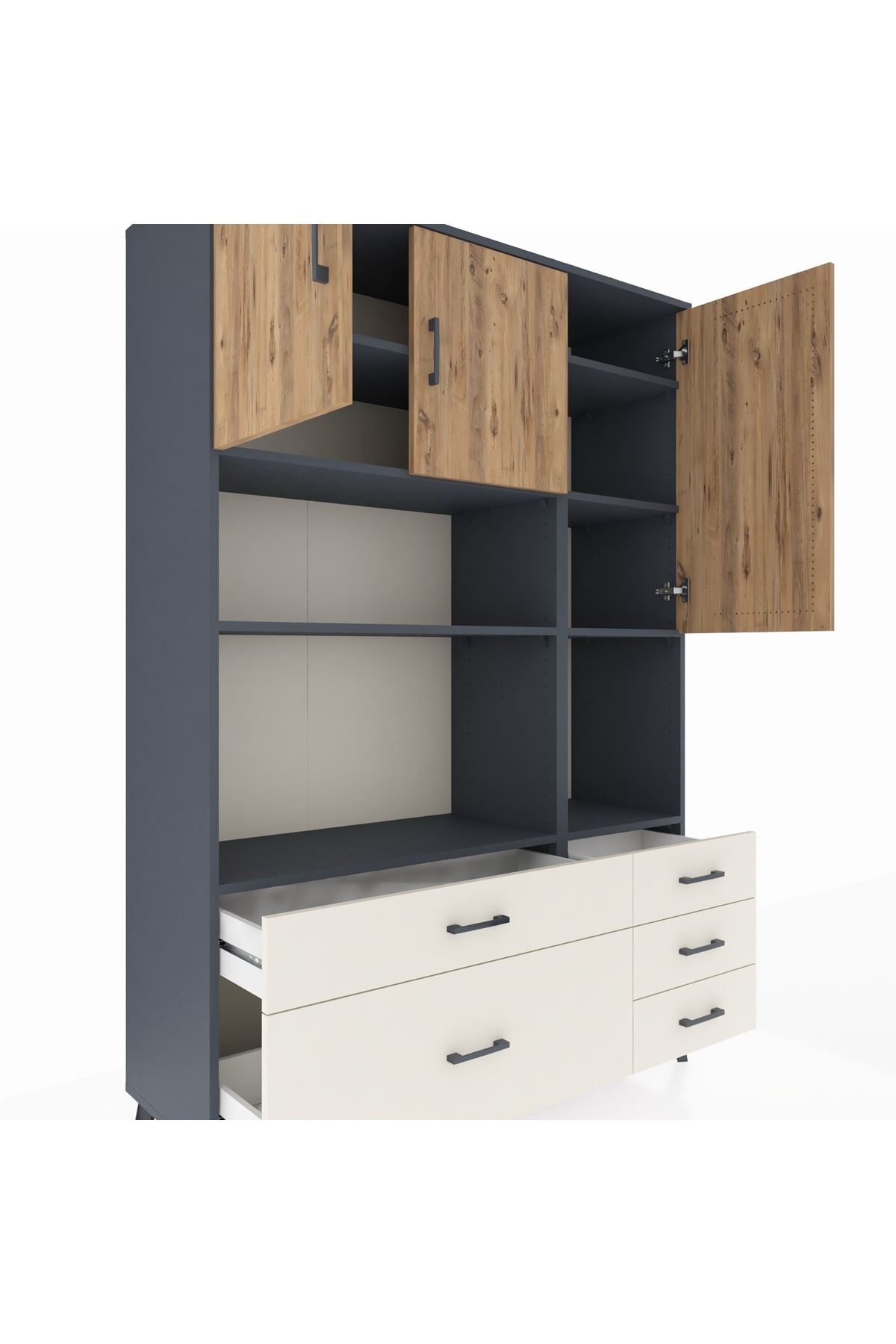 Hyperion Dolap 8 Raflı 5 Çekmeceli 3 Kapaklı 132x44x195 Antrasit-Çam/Aytaşı