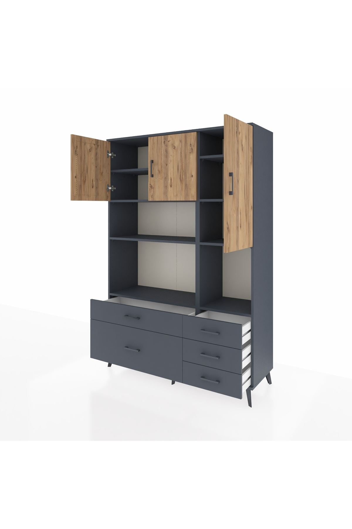 Hyperion Dolap 8 Raflı 5 Çekmeceli 3 Kapaklı 132x44x195 Antrasit-Çam/Antrasit