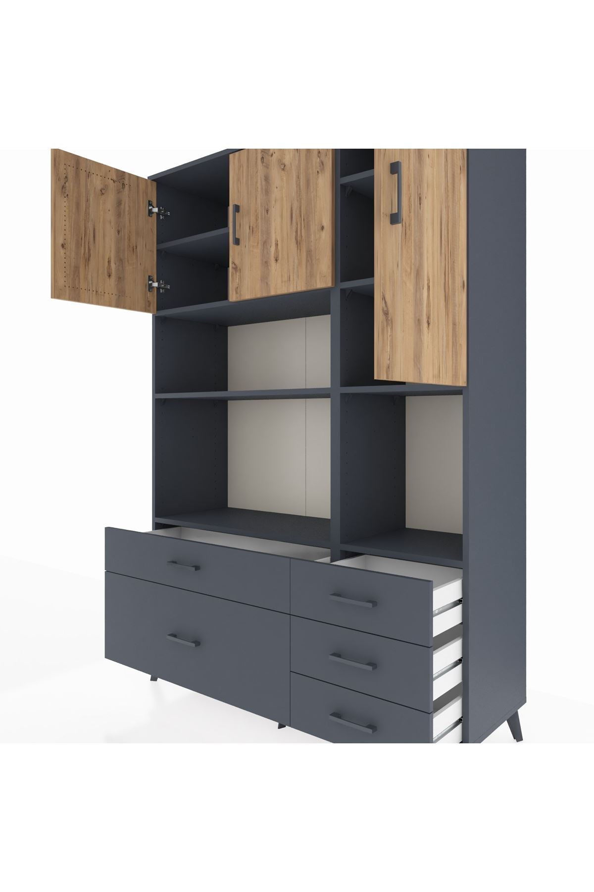 Hyperion Dolap 8 Raflı 5 Çekmeceli 3 Kapaklı 132x44x195 Antrasit-Çam/Antrasit
