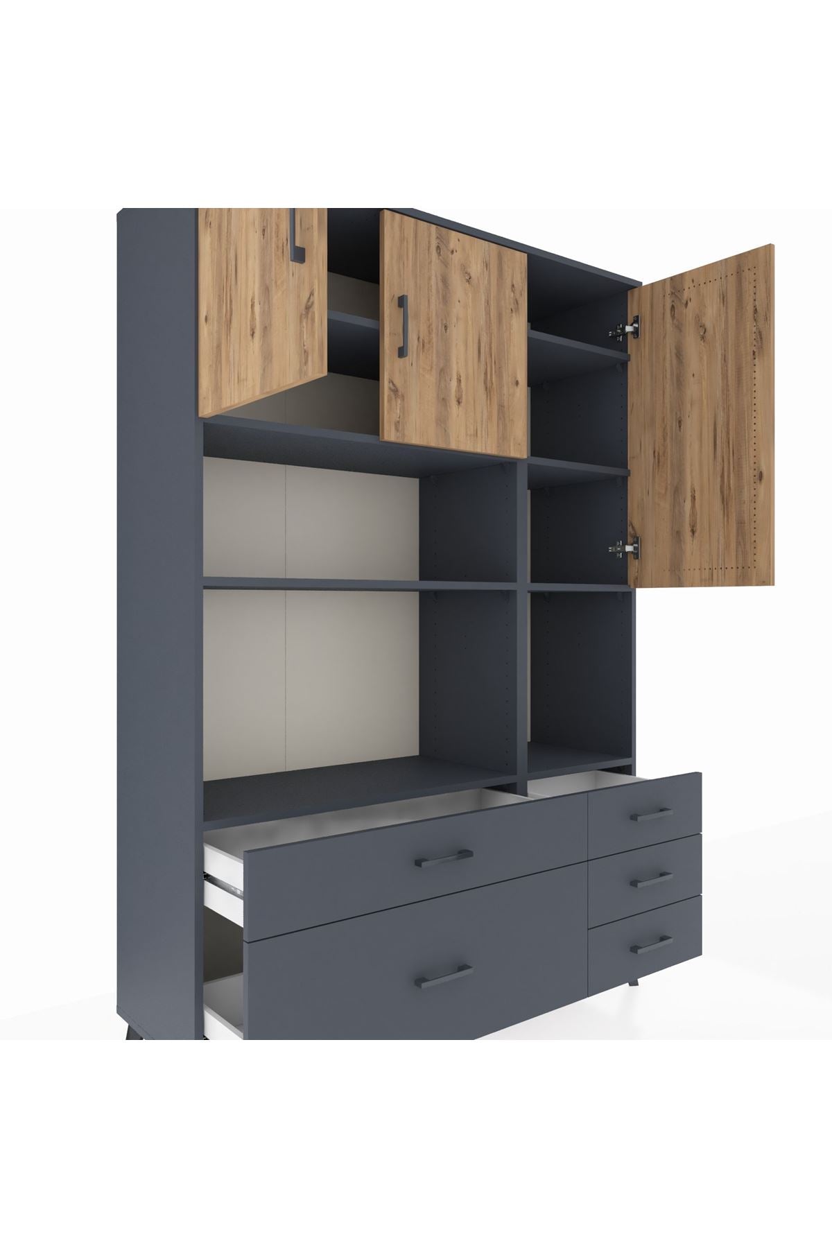 Hyperion Dolap 8 Raflı 5 Çekmeceli 3 Kapaklı 132x44x195 Antrasit-Çam/Antrasit