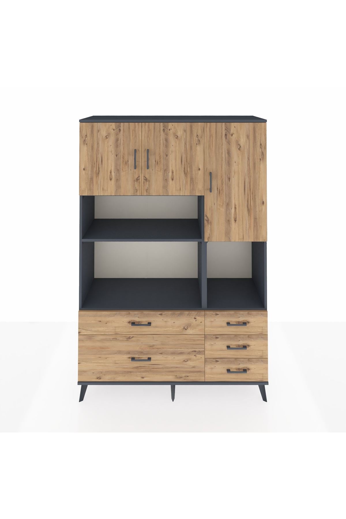 Hyperion Dolap 8 Raflı 5 Çekmeceli 3 Kapaklı 132x44x195 Antrasit-Çam/Çam