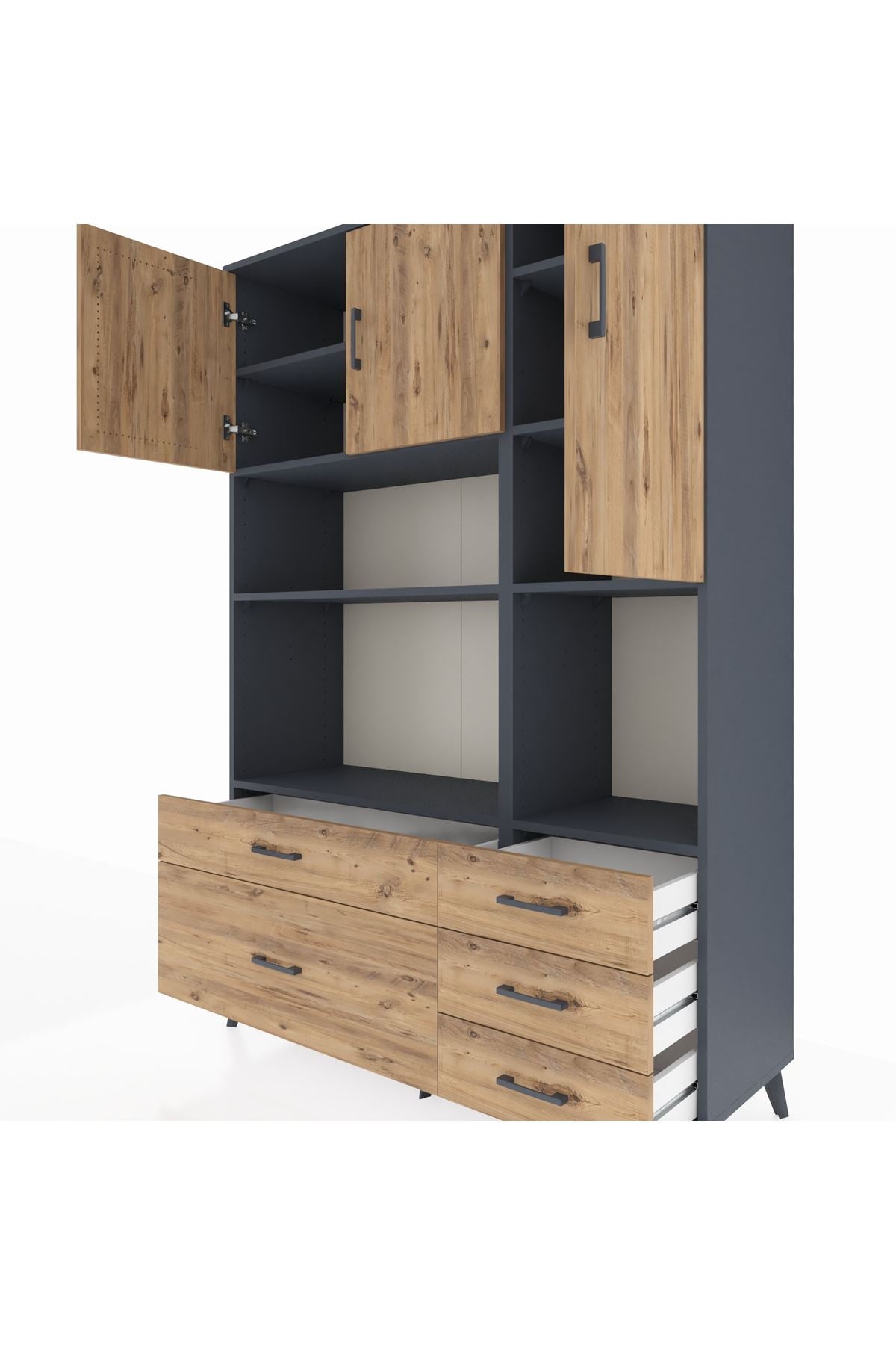 Hyperion Dolap 8 Raflı 5 Çekmeceli 3 Kapaklı 132x44x195 Antrasit-Çam/Çam