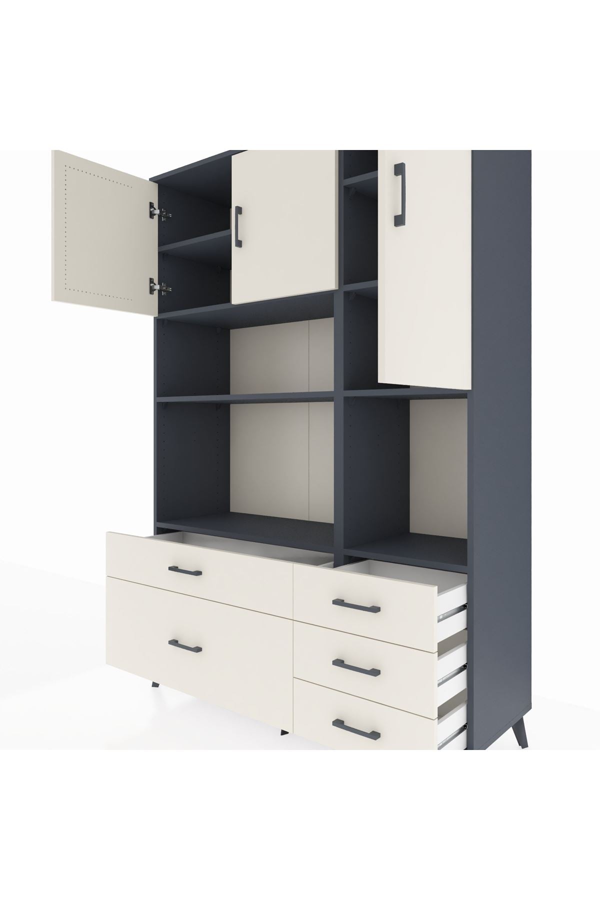 Hyperion Dolap 8 Raflı 5 Çekmeceli 3 Kapaklı 132x44x195 Antrasit-Aytaşı/Aytaşı