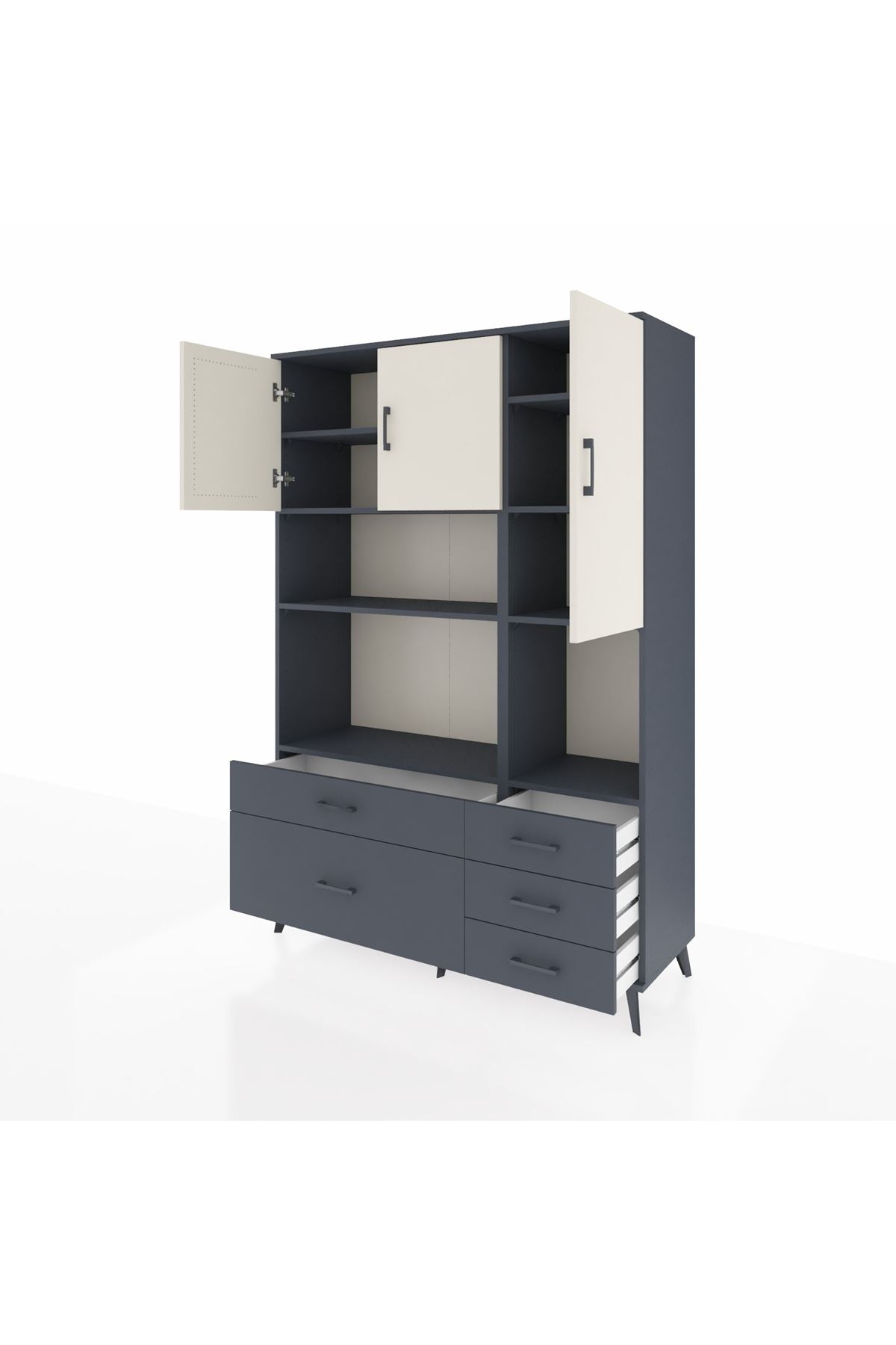 Hyperion Dolap 8 Raflı 5 Çekmeceli 3 Kapaklı 132x44x195 Antrasit-Aytaşı/Antrasit