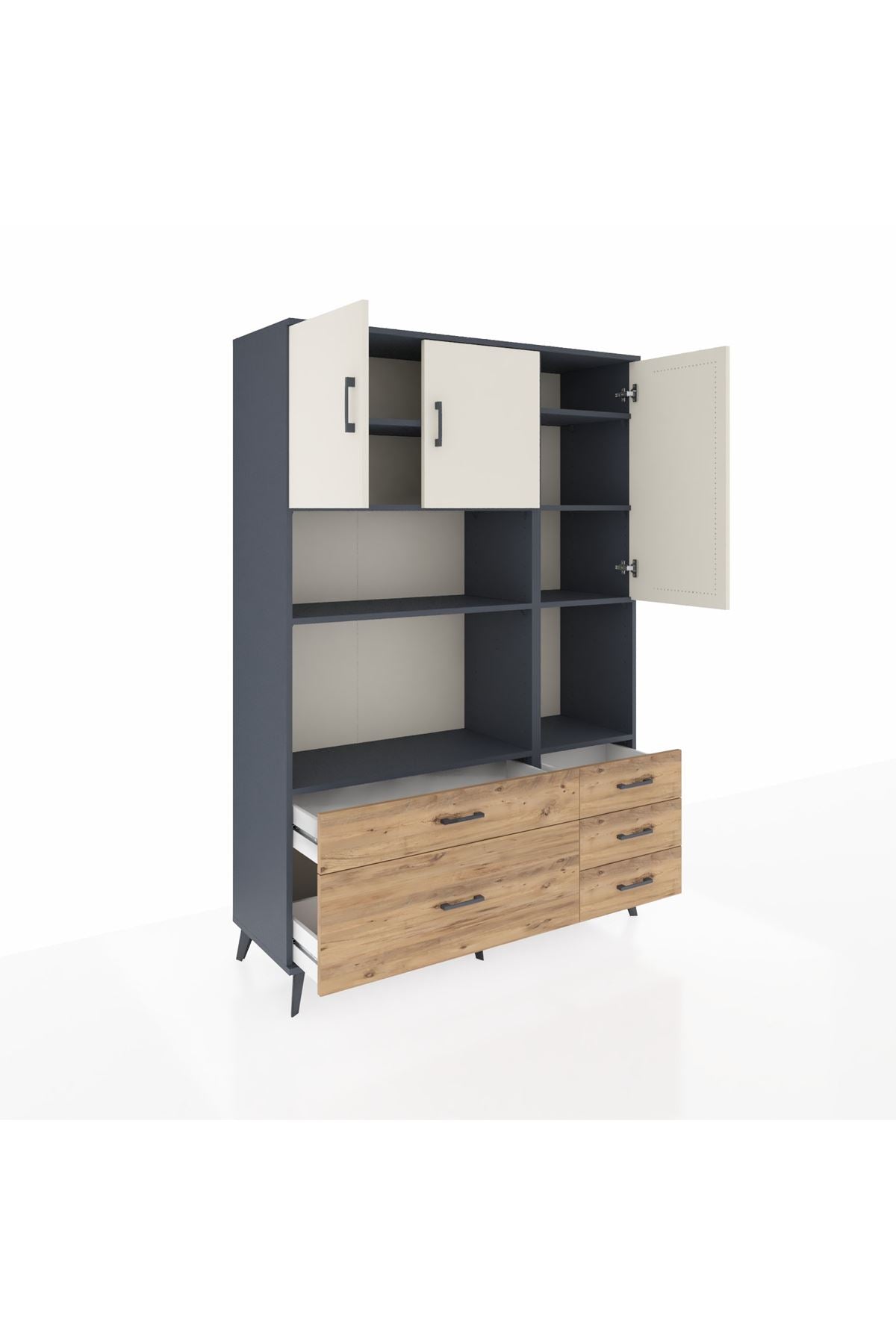 Hyperion Dolap 8 Raflı 5 Çekmeceli 3 Kapaklı 132x44x195 Antrasit-Aytaşı/Çam