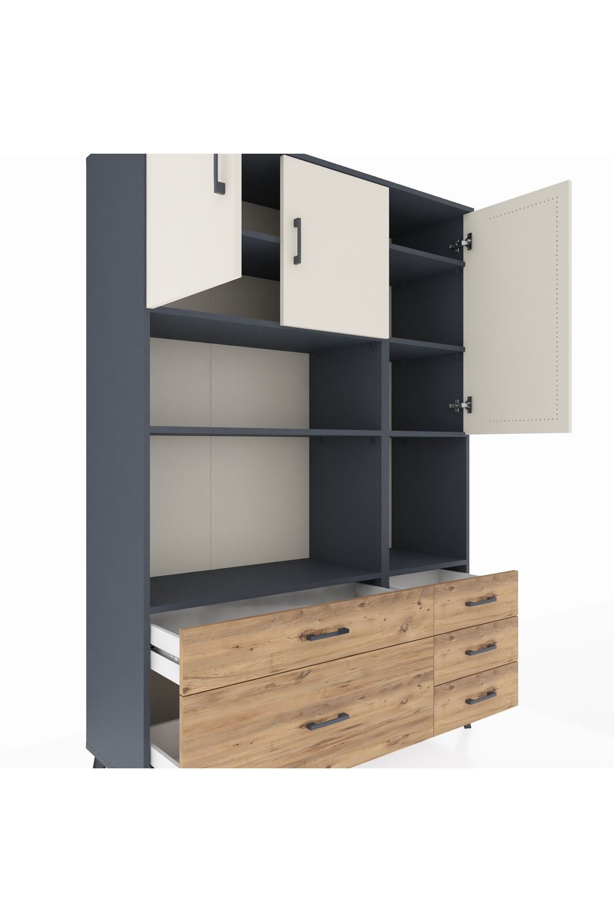 Hyperion Dolap 8 Raflı 5 Çekmeceli 3 Kapaklı 132x44x195 Antrasit-Aytaşı/Çam