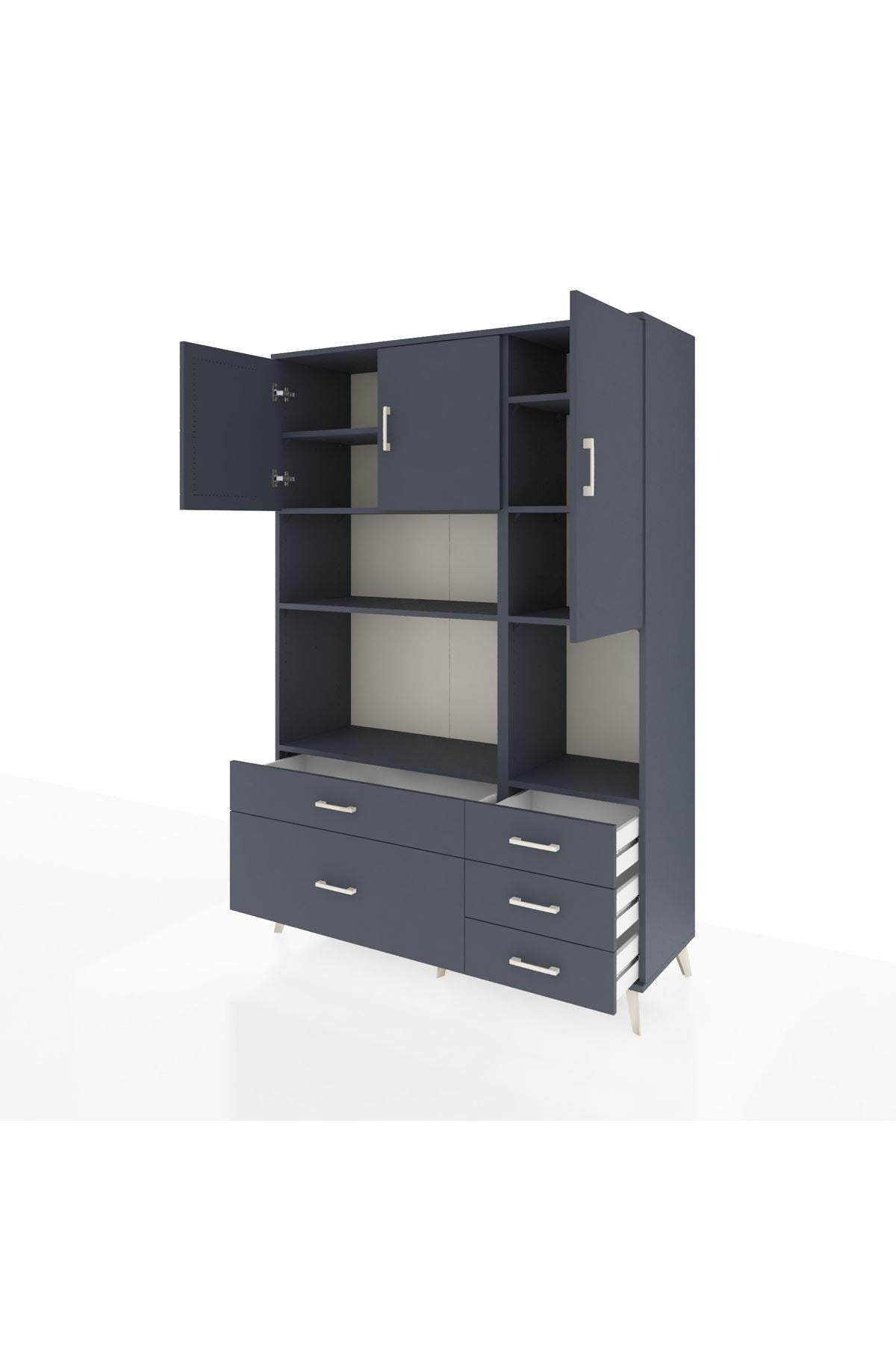 Hyperion Dolap 8 Raflı 5 Çekmeceli 3 Kapaklı 132x44x195 Antrasit-Antrasit/Antrasit