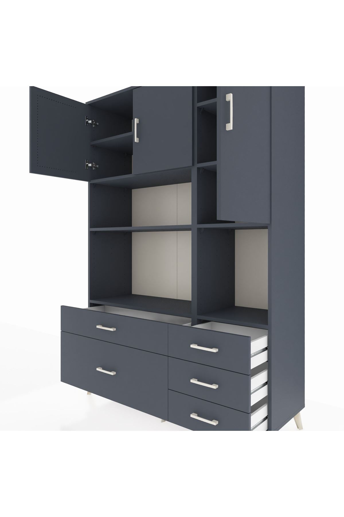 Hyperion Dolap 8 Raflı 5 Çekmeceli 3 Kapaklı 132x44x195 Antrasit-Antrasit/Antrasit