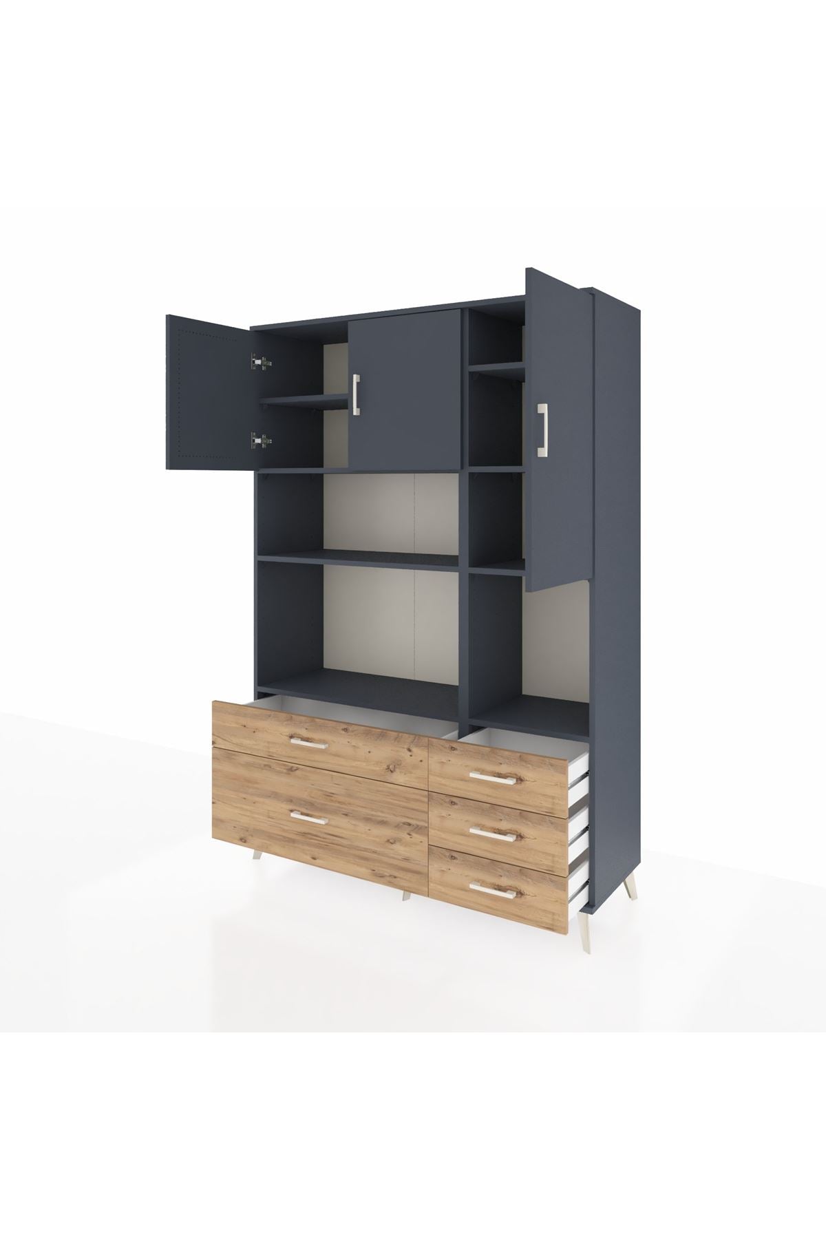 Hyperion Dolap 8 Raflı 5 Çekmeceli 3 Kapaklı 132x44x195 Antrasit-Antrasit/Çam