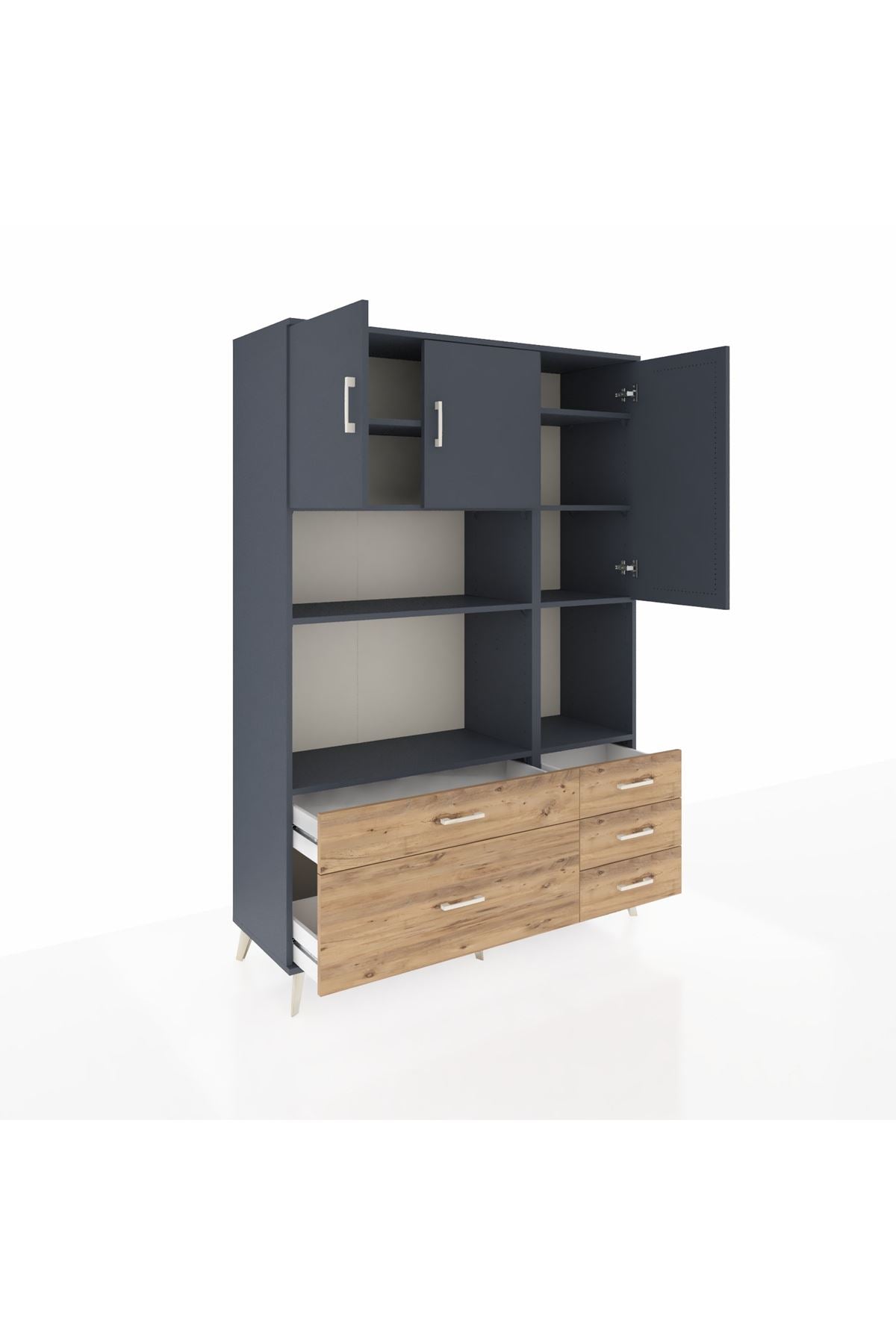 Hyperion Dolap 8 Raflı 5 Çekmeceli 3 Kapaklı 132x44x195 Antrasit-Antrasit/Çam