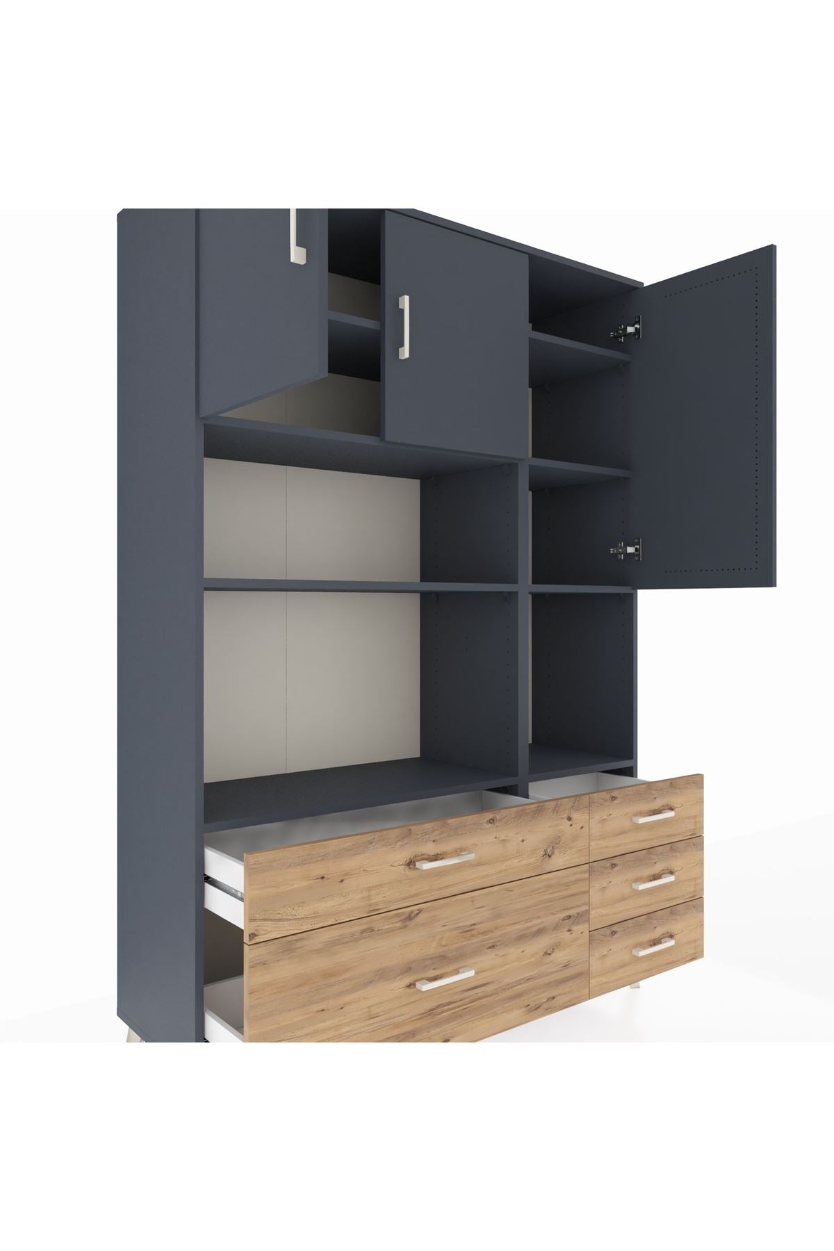 Hyperion Dolap 8 Raflı 5 Çekmeceli 3 Kapaklı 132x44x195 Antrasit-Antrasit/Çam
