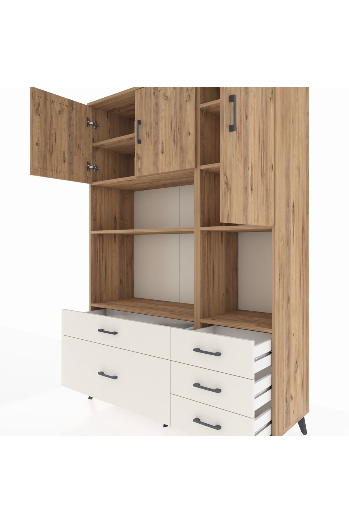 Hyperion Dolap 8 Raflı 5 Çekmeceli 3 Kapaklı 132x44x195 Çam-Çam/Aytaşı