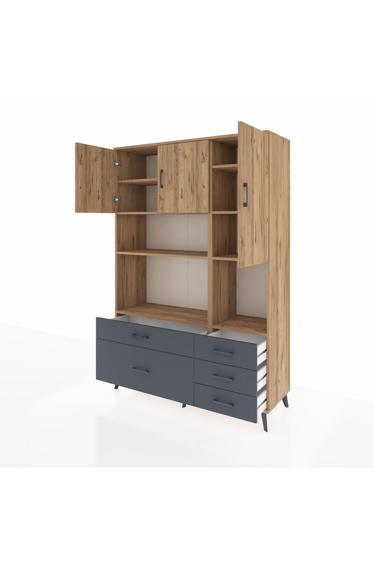 Hyperion Dolap 8 Raflı 5 Çekmeceli 3 Kapaklı 132x44x195 Çam-Çam/Antrasit