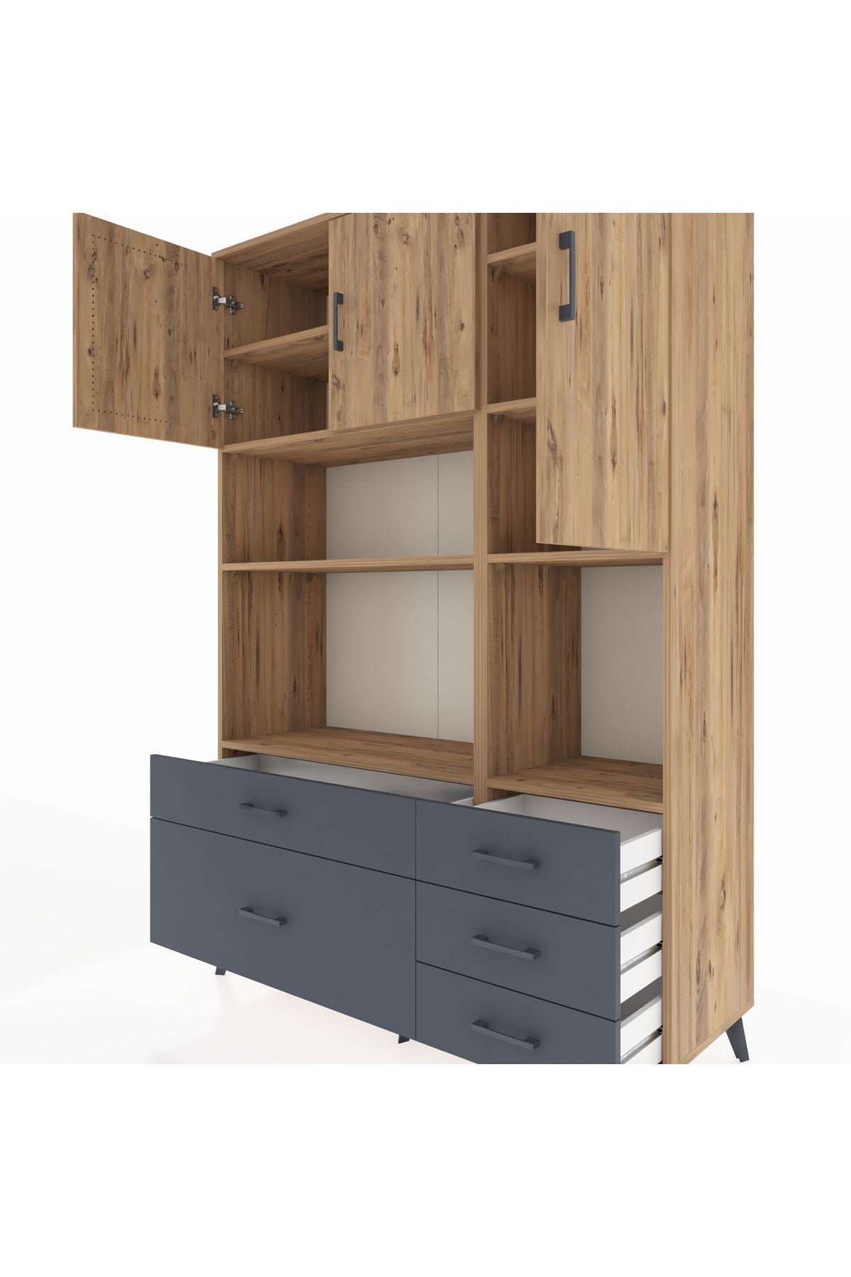 Hyperion Dolap 8 Raflı 5 Çekmeceli 3 Kapaklı 132x44x195 Çam-Çam/Antrasit