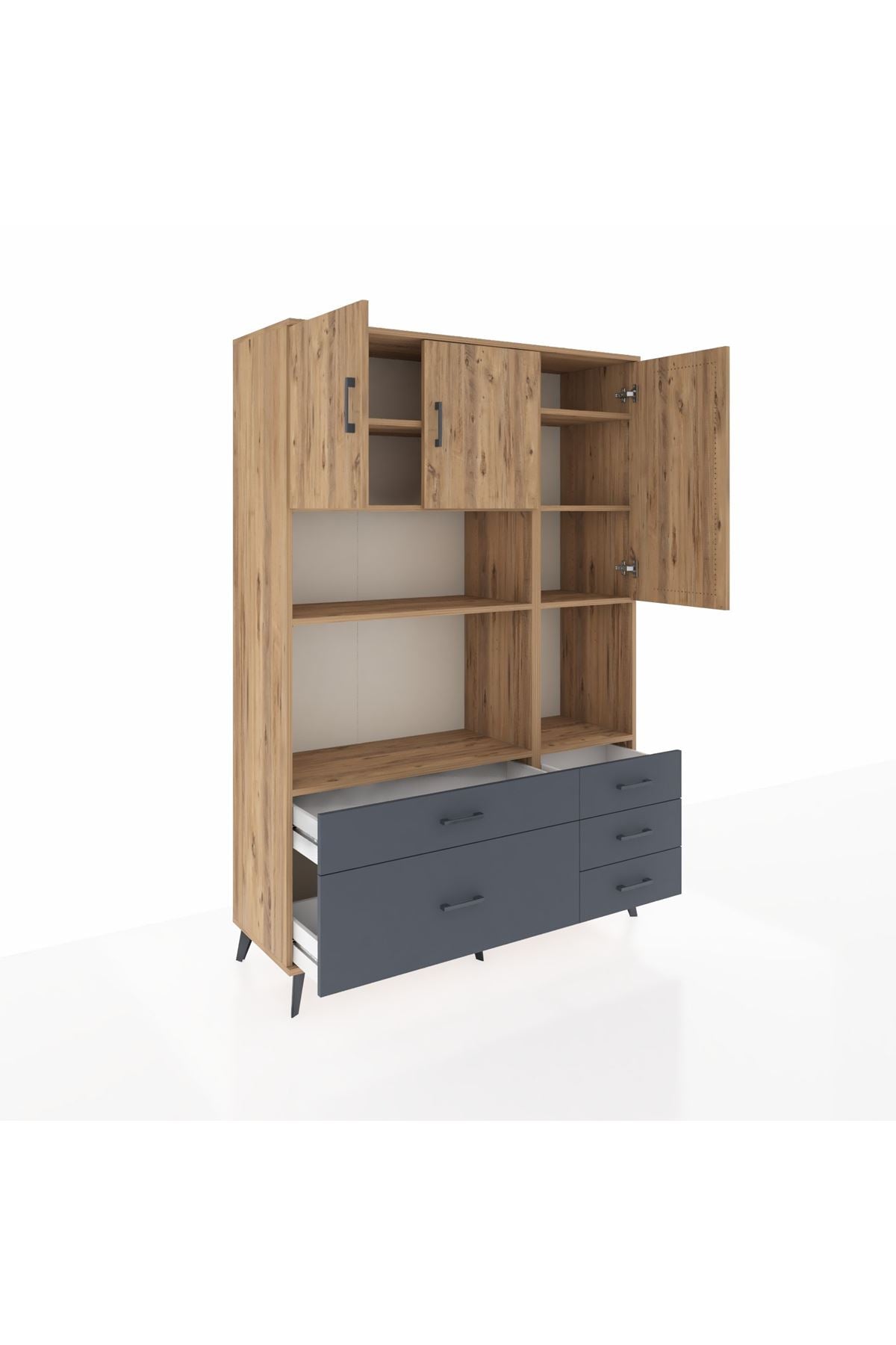 Hyperion Dolap 8 Raflı 5 Çekmeceli 3 Kapaklı 132x44x195 Çam-Çam/Antrasit