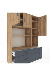 Hyperion Dolap 8 Raflı 5 Çekmeceli 3 Kapaklı 132x44x195 Çam-Çam/Antrasit