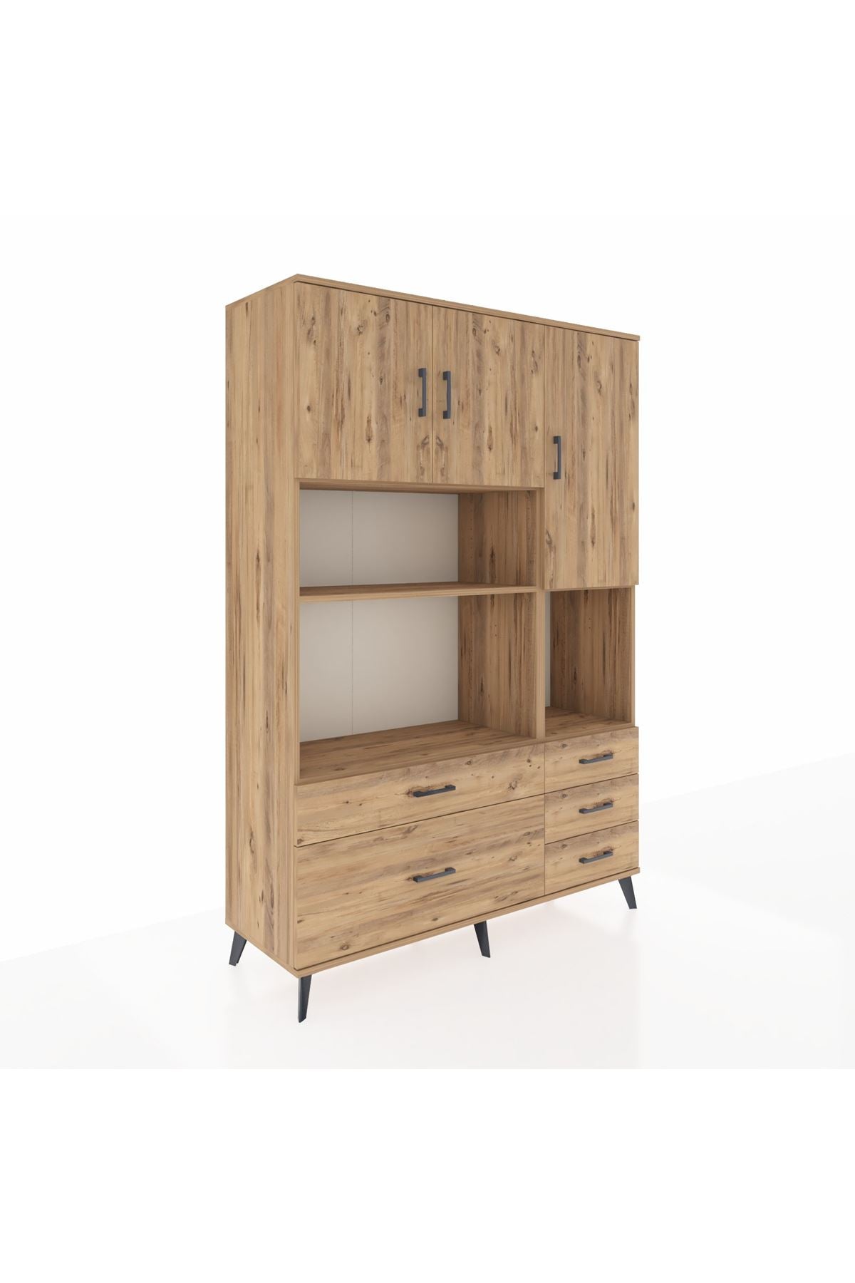 Hyperion Dolap 8 Raflı 5 Çekmeceli 3 Kapaklı 132x44x195 Çam-Çam/Çam