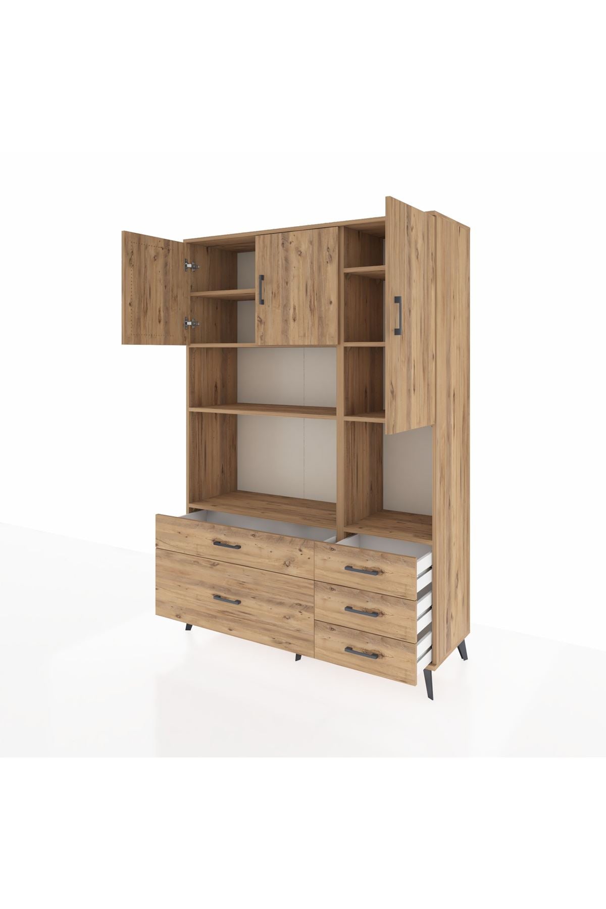 Hyperion Dolap 8 Raflı 5 Çekmeceli 3 Kapaklı 132x44x195 Çam-Çam/Çam