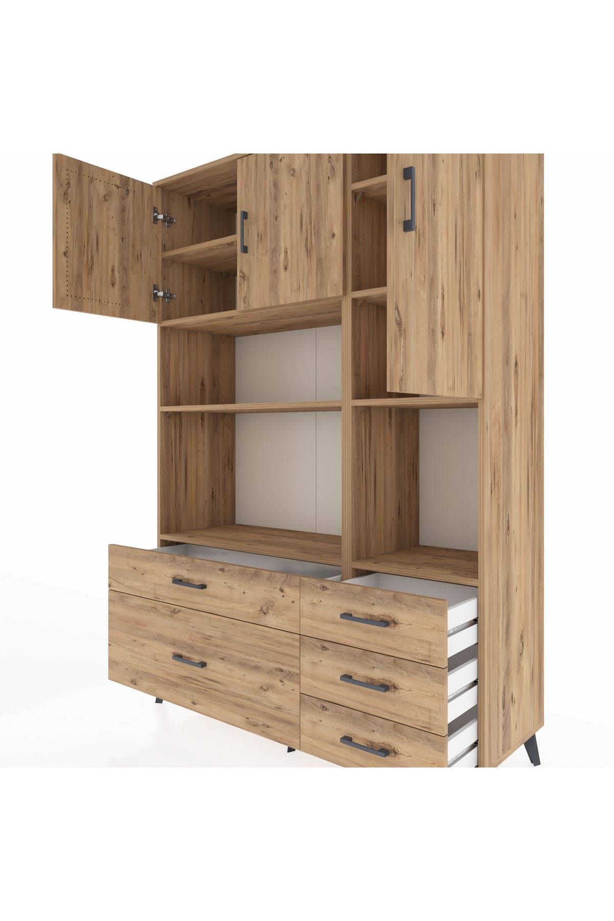 Hyperion Dolap 8 Raflı 5 Çekmeceli 3 Kapaklı 132x44x195 Çam-Çam/Çam