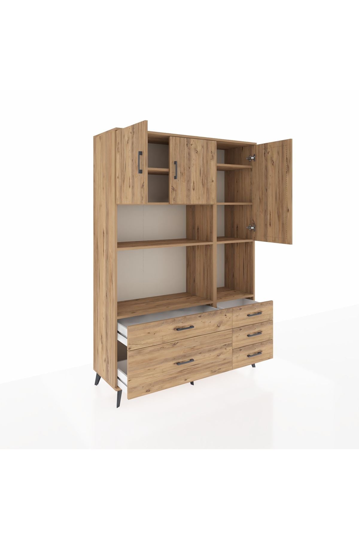 Hyperion Dolap 8 Raflı 5 Çekmeceli 3 Kapaklı 132x44x195 Çam-Çam/Çam