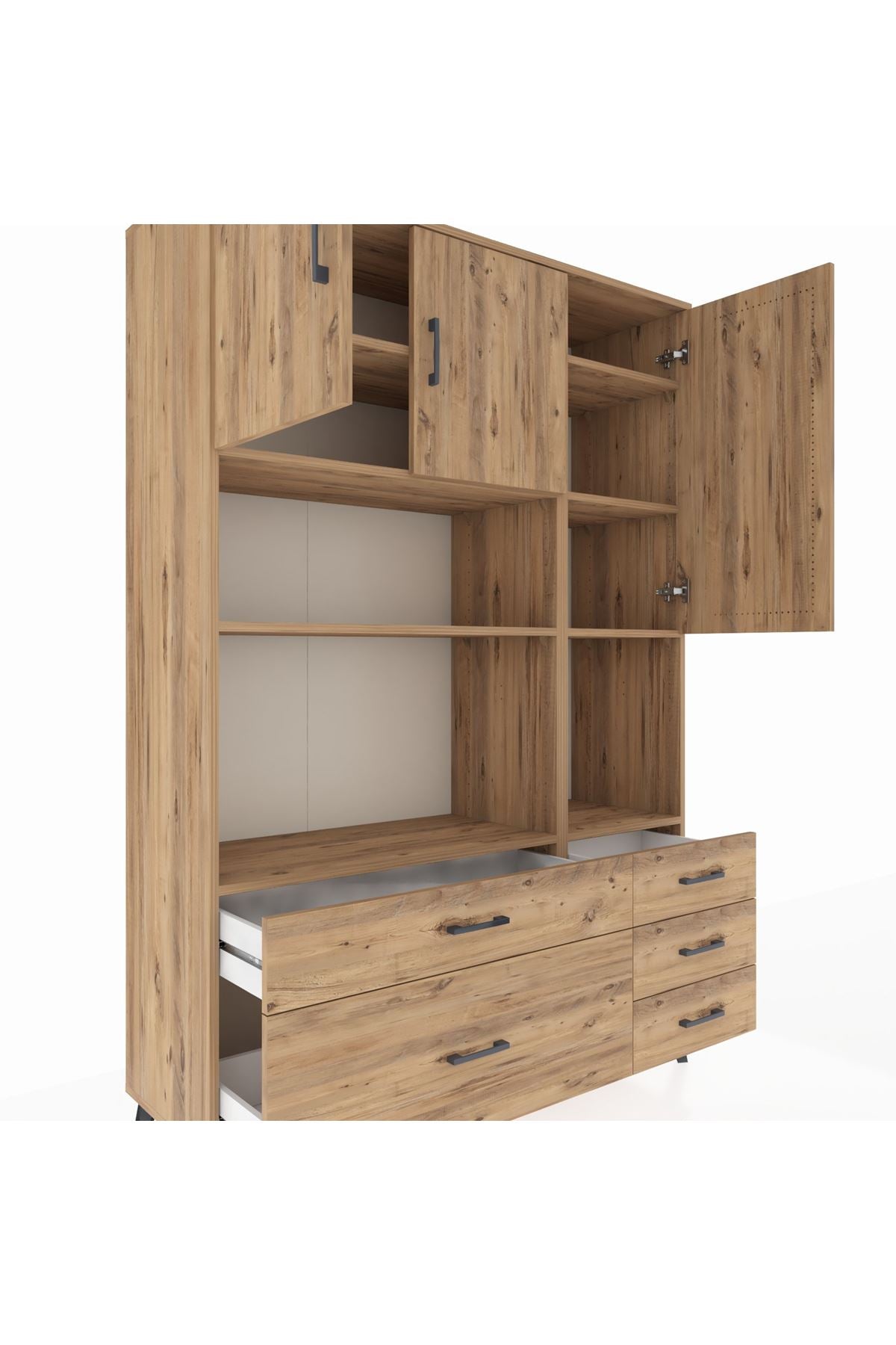 Hyperion Dolap 8 Raflı 5 Çekmeceli 3 Kapaklı 132x44x195 Çam-Çam/Çam