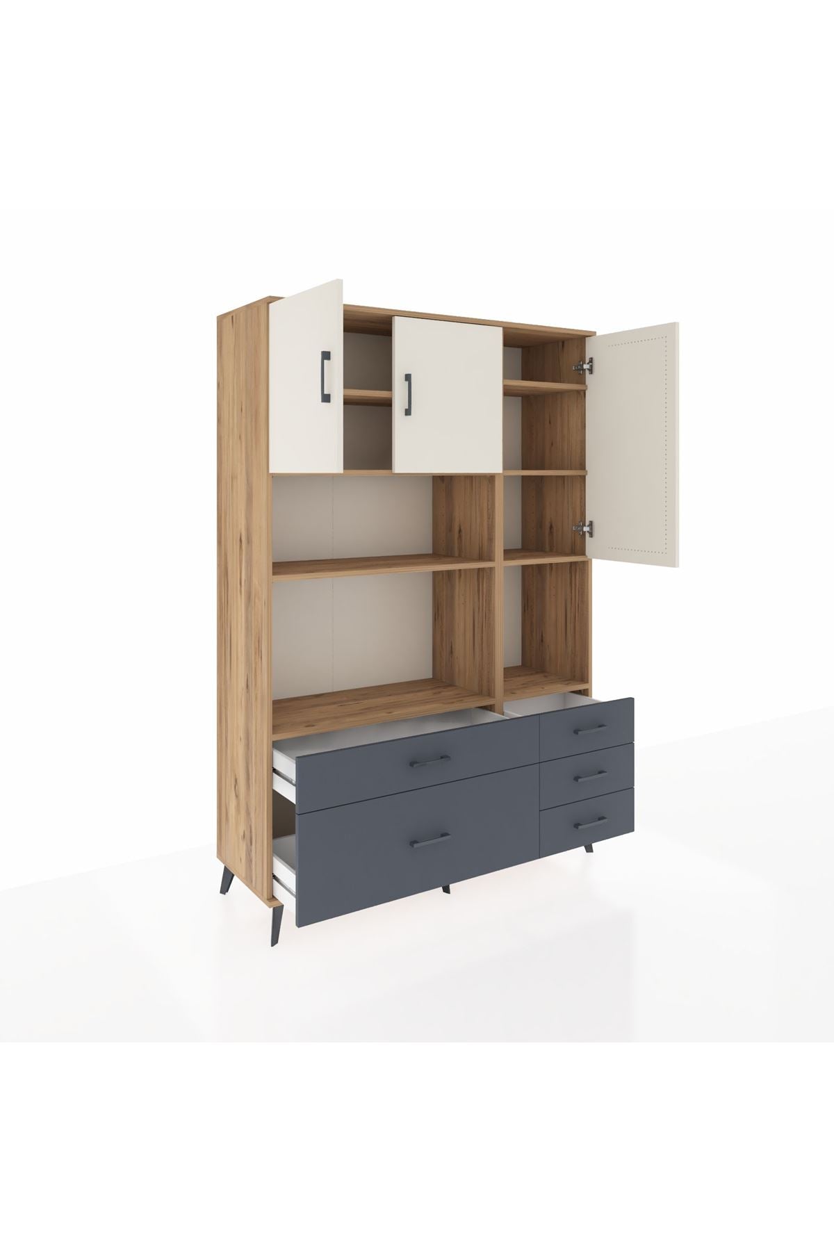Hyperion Dolap 8 Raflı 5 Çekmeceli 3 Kapaklı 132x44x195 Çam-Aytaşı/Antrasit