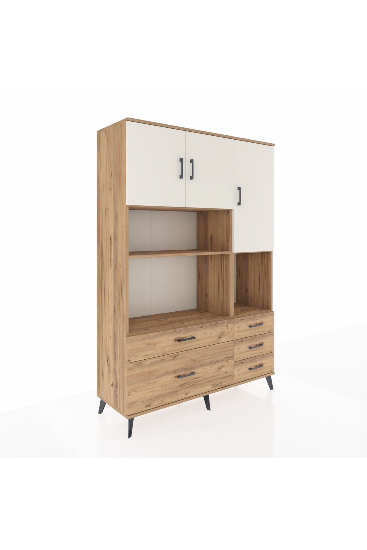 Hyperion Dolap 8 Raflı 5 Çekmeceli 3 Kapaklı 132x44x195 Çam-Aytaşı/Çam