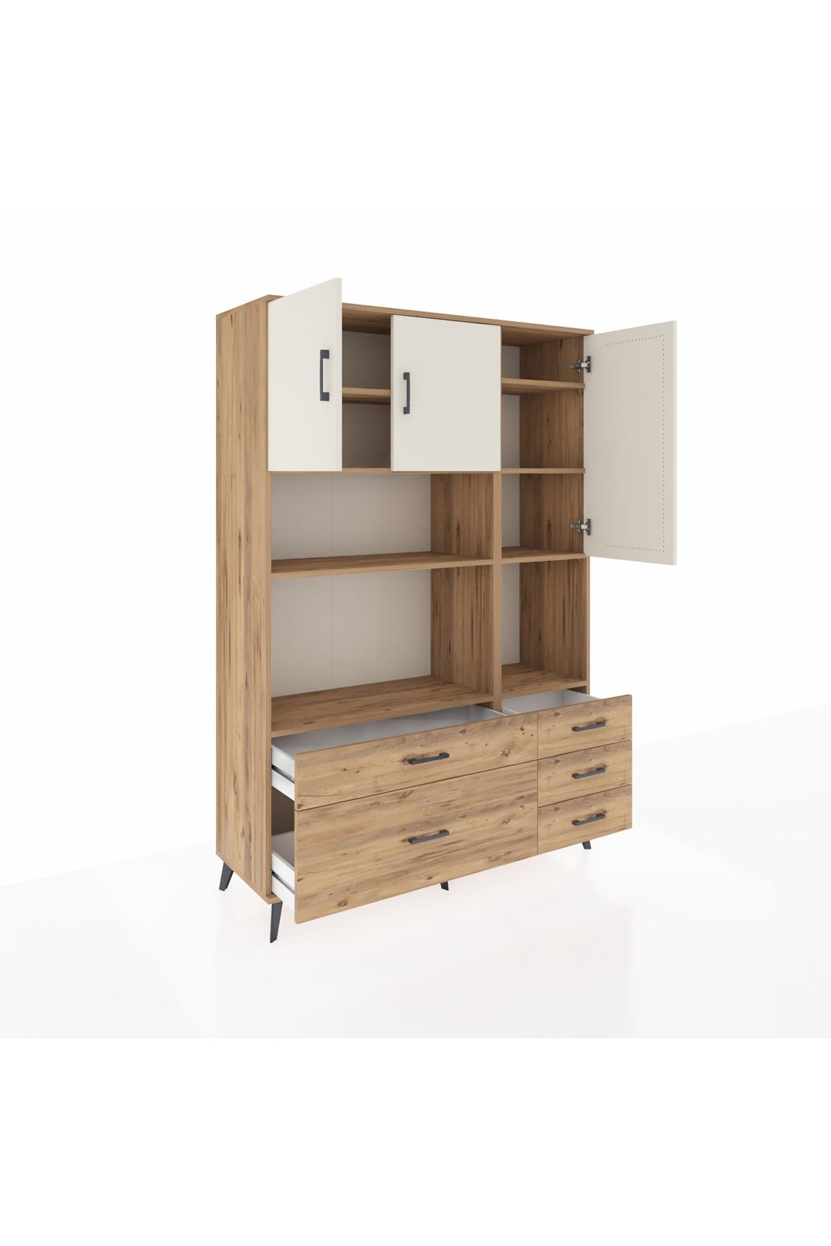 Hyperion Dolap 8 Raflı 5 Çekmeceli 3 Kapaklı 132x44x195 Çam-Aytaşı/Çam