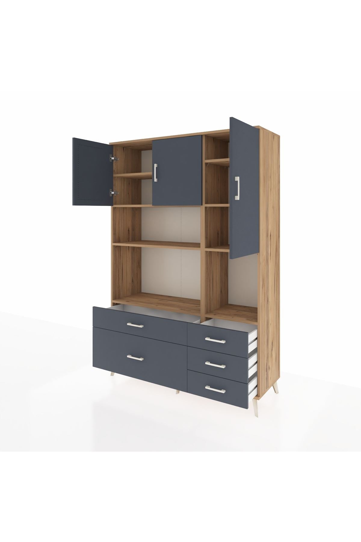 Hyperion Dolap 8 Raflı 5 Çekmeceli 3 Kapaklı 132x44x195 Çam-Antrasit/Antrasit