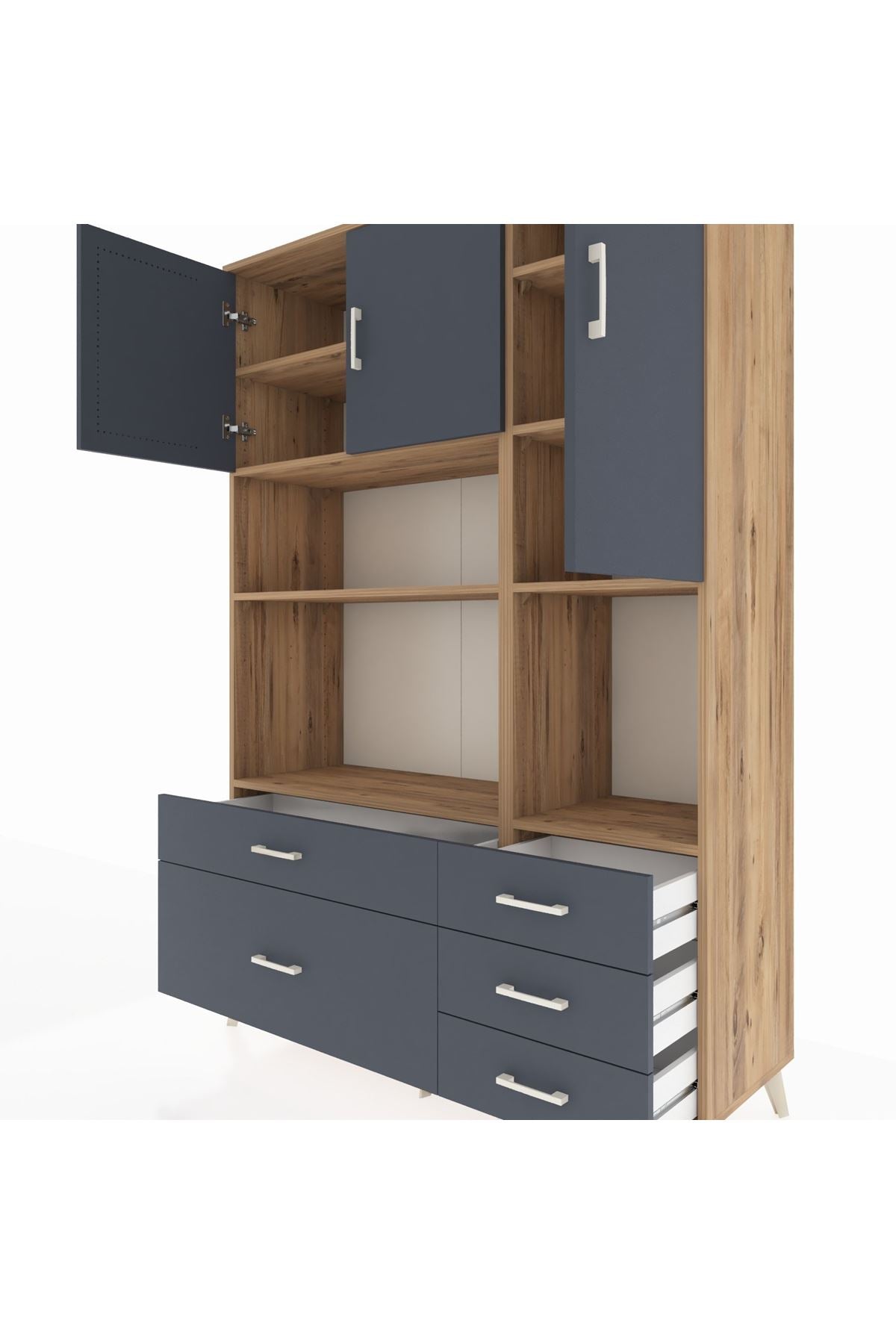 Hyperion Dolap 8 Raflı 5 Çekmeceli 3 Kapaklı 132x44x195 Çam-Antrasit/Antrasit