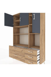 Hyperion Dolap 8 Raflı 5 Çekmeceli 3 Kapaklı 132x44x195 Çam-Antrasit/Çam