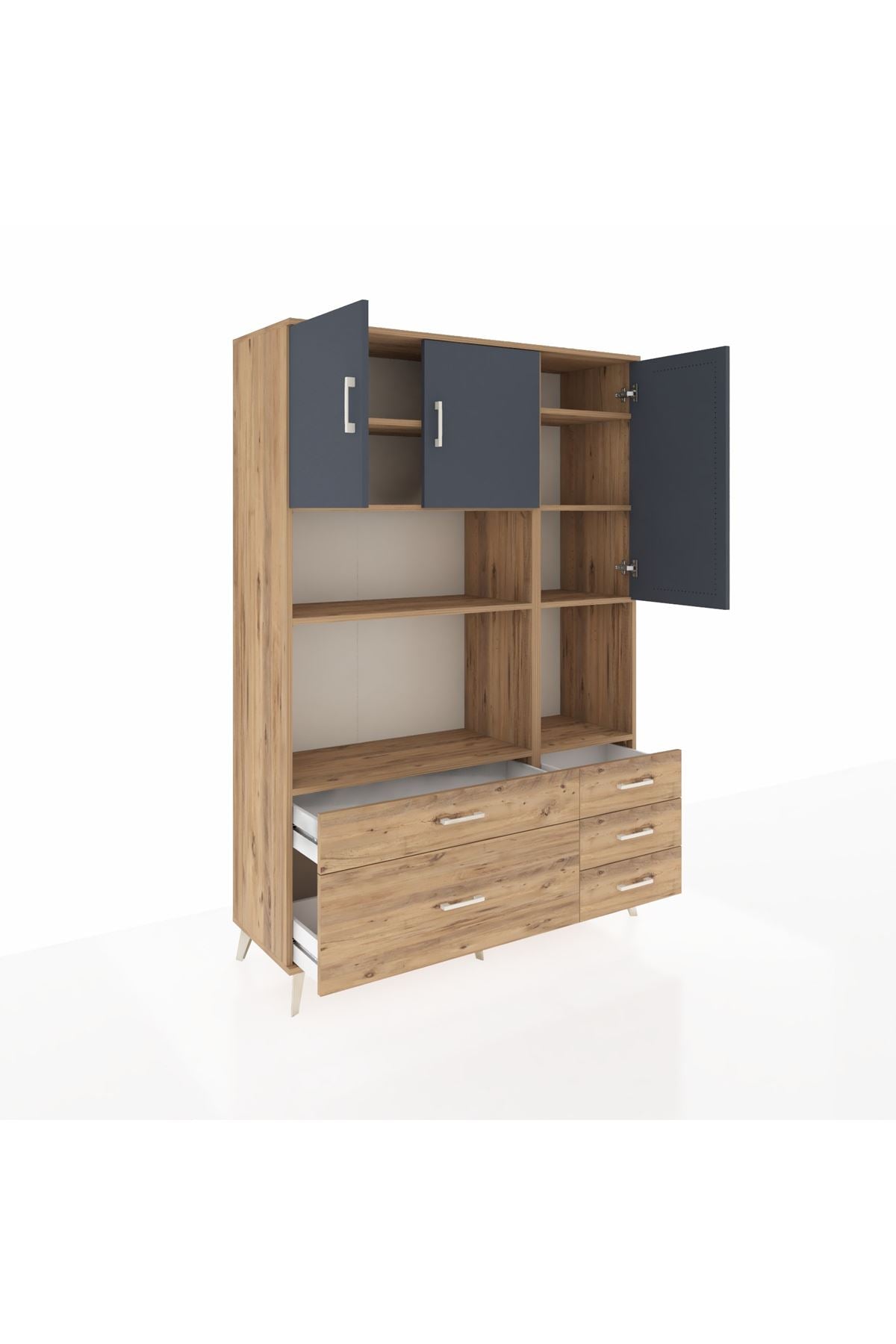 Hyperion Dolap 8 Raflı 5 Çekmeceli 3 Kapaklı 132x44x195 Çam-Antrasit/Çam