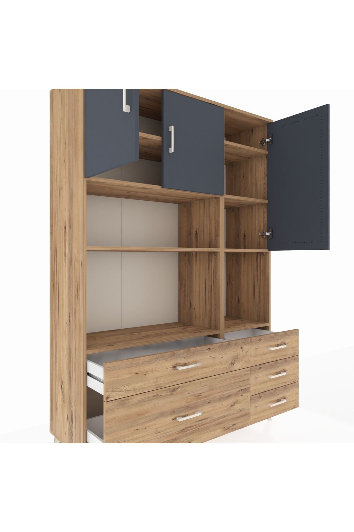 Hyperion Dolap 8 Raflı 5 Çekmeceli 3 Kapaklı 132x44x195 Çam-Antrasit/Çam