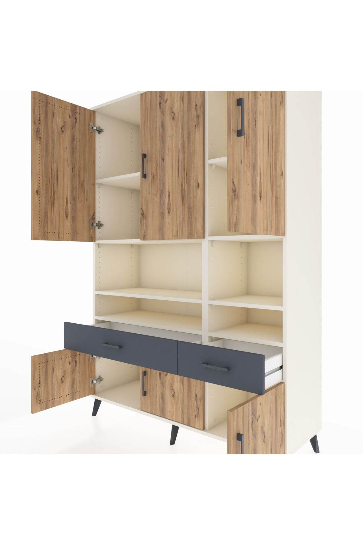 Hyperion Dolap 8 Raflı 2 Çekmeceli 6 Kapaklı 132x44x195 Aytaşı-Çam/Antrasit
