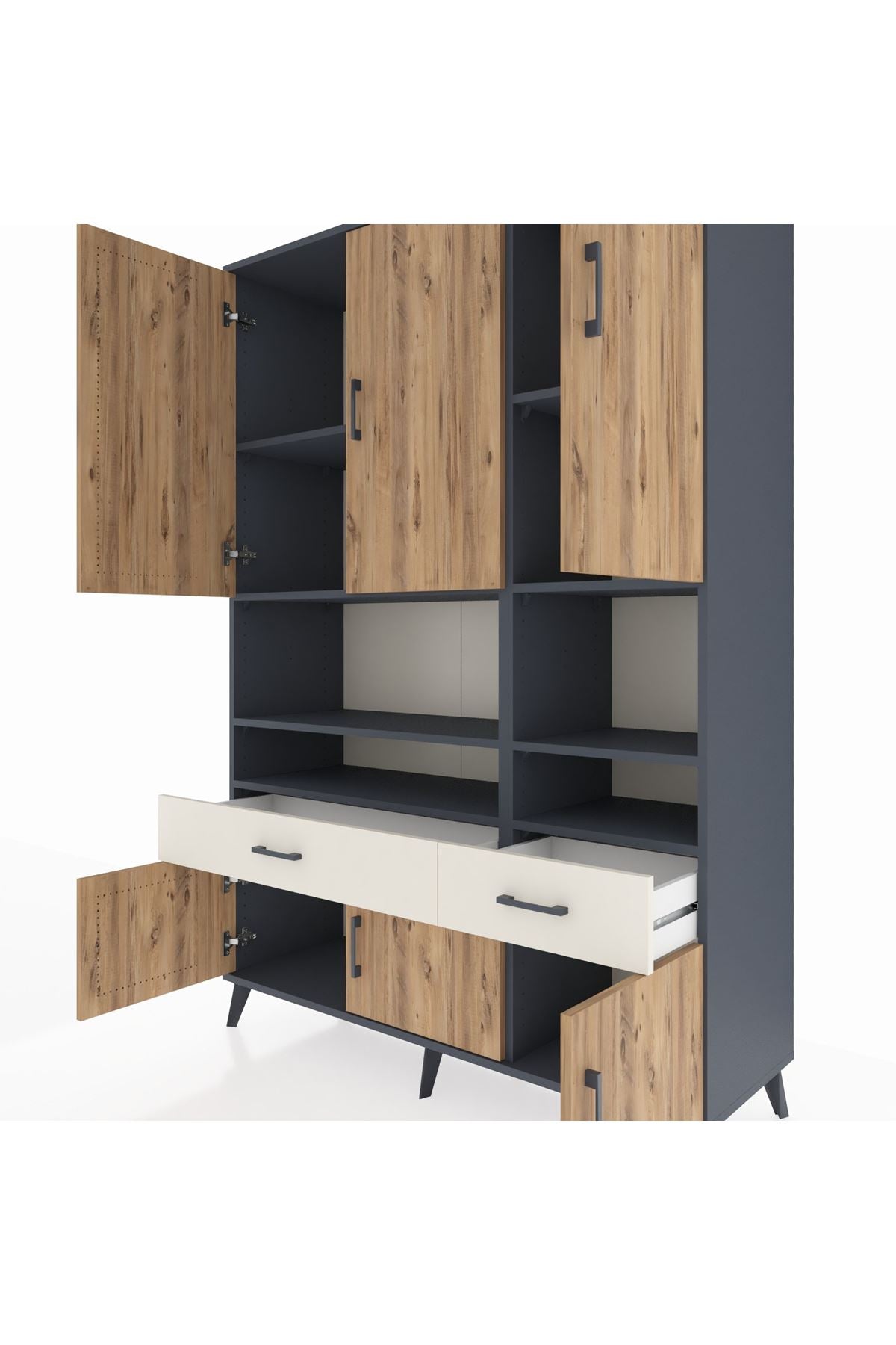 Hyperion Dolap 8 Raflı 2 Çekmeceli 6 Kapaklı 132x44x195 Antrasit-Çam/Aytaşı