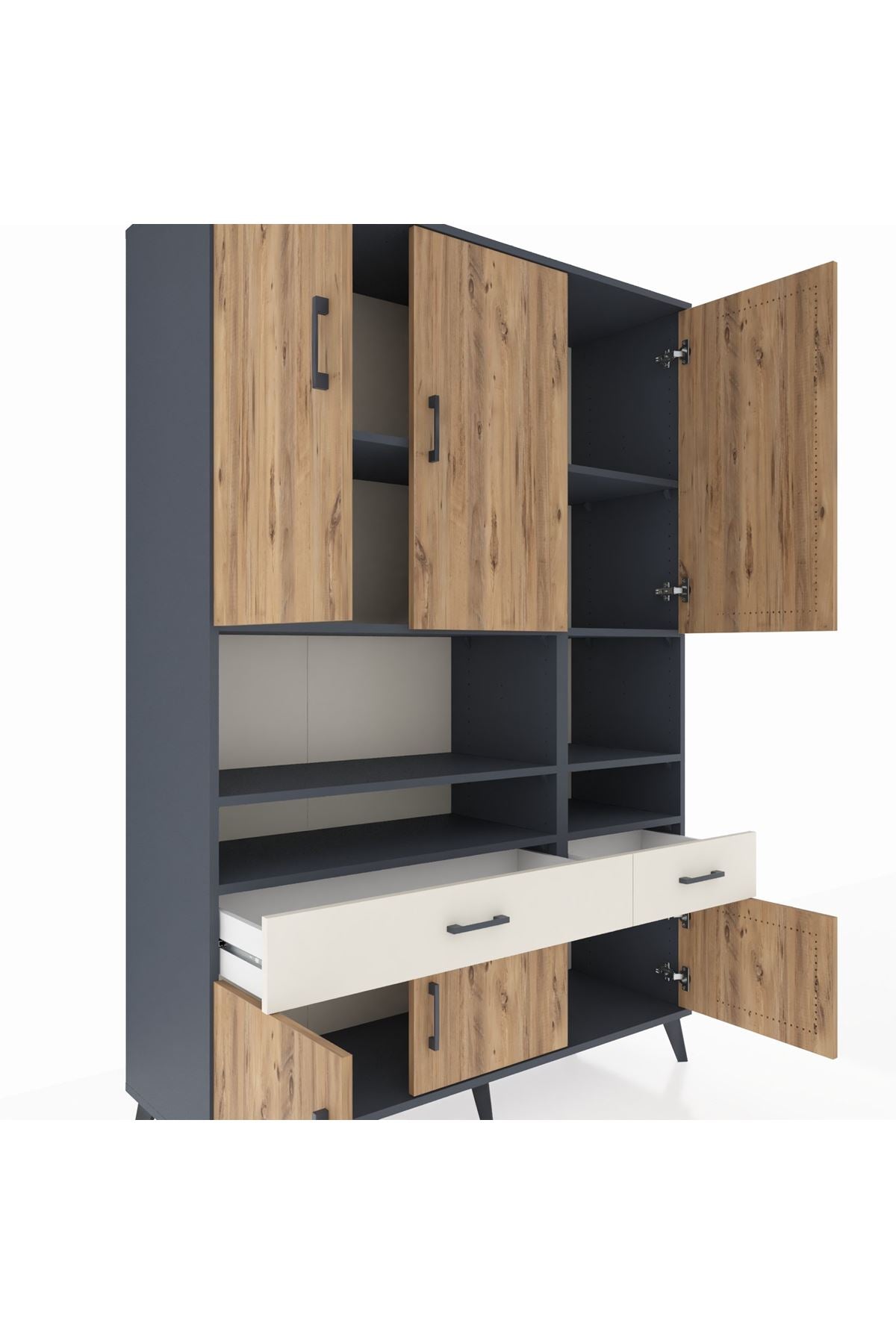 Hyperion Dolap 8 Raflı 2 Çekmeceli 6 Kapaklı 132x44x195 Antrasit-Çam/Aytaşı