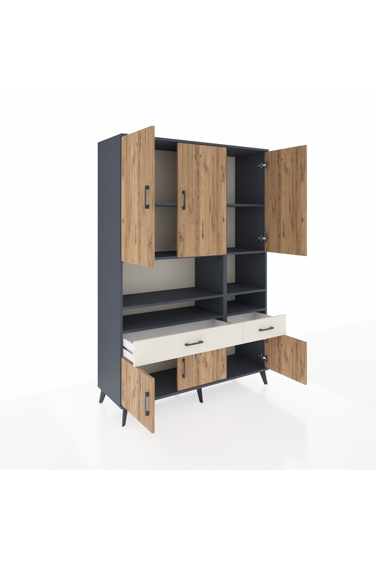 Hyperion Dolap 8 Raflı 2 Çekmeceli 6 Kapaklı 132x44x195 Antrasit-Çam/Aytaşı