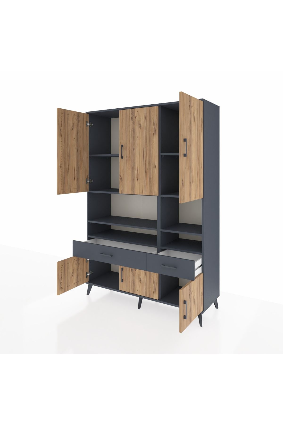 Hyperion Dolap 8 Raflı 2 Çekmeceli 6 Kapaklı 132x44x195 Antrasit-Çam/Antrasit