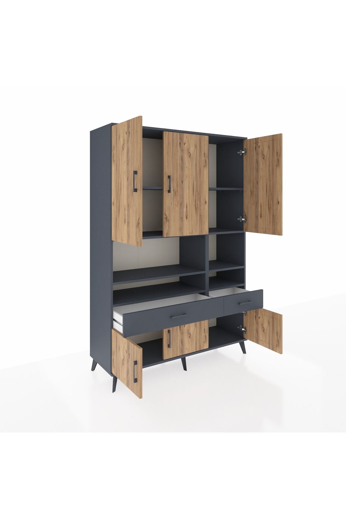 Hyperion Dolap 8 Raflı 2 Çekmeceli 6 Kapaklı 132x44x195 Antrasit-Çam/Antrasit